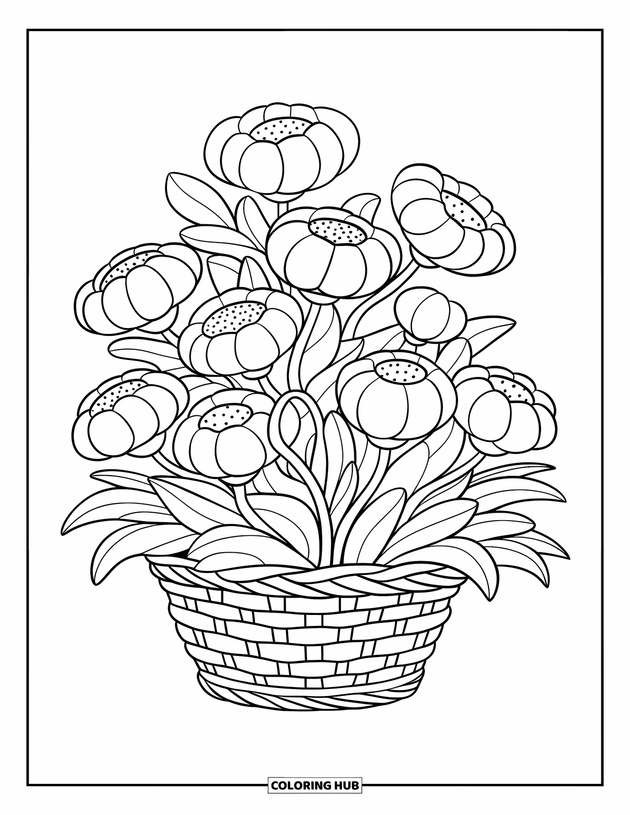 Flower Bouquet Coloring Page for Kids: Woven basket holding large round flowers with thick stems