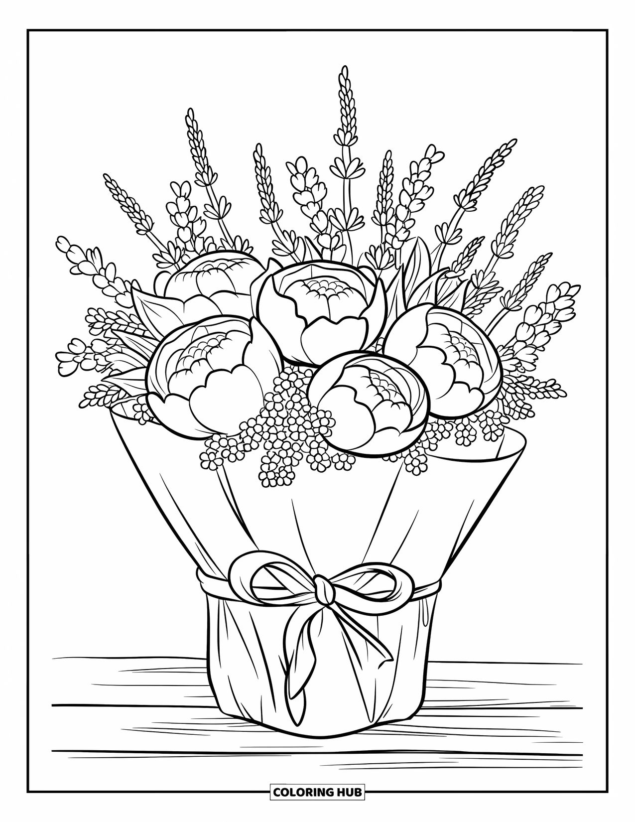 Flower Bouquet Coloring Page for Kids: Wrapped bouquet of peonies, lavender, and baby's breath placed on a wood surface