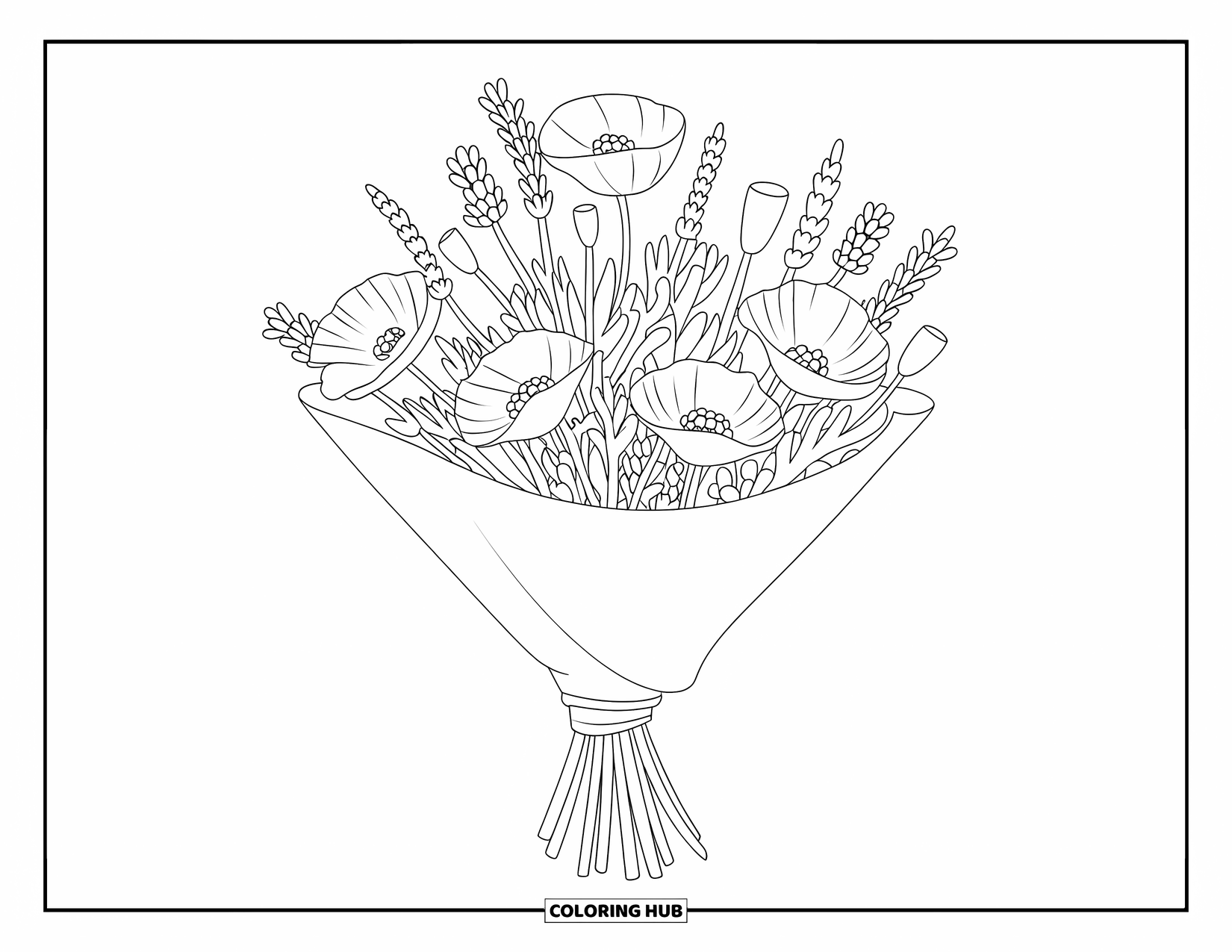 Flower Bouquet Coloring Page for Kids: Wrapped bouquet of poppies and lavender arranged diagonally with a bold outline