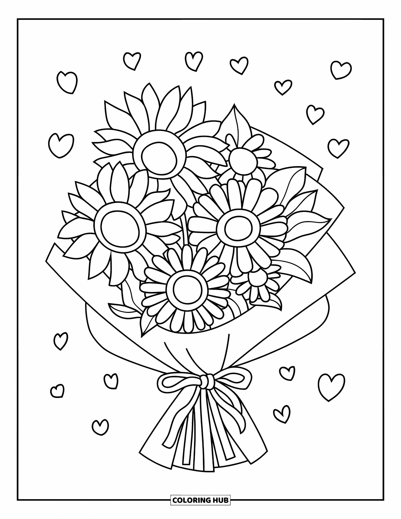 Flower Bouquet Coloring Page for Kids: Wrapped bouquet of sunflowers and daisies with scattered hearts
