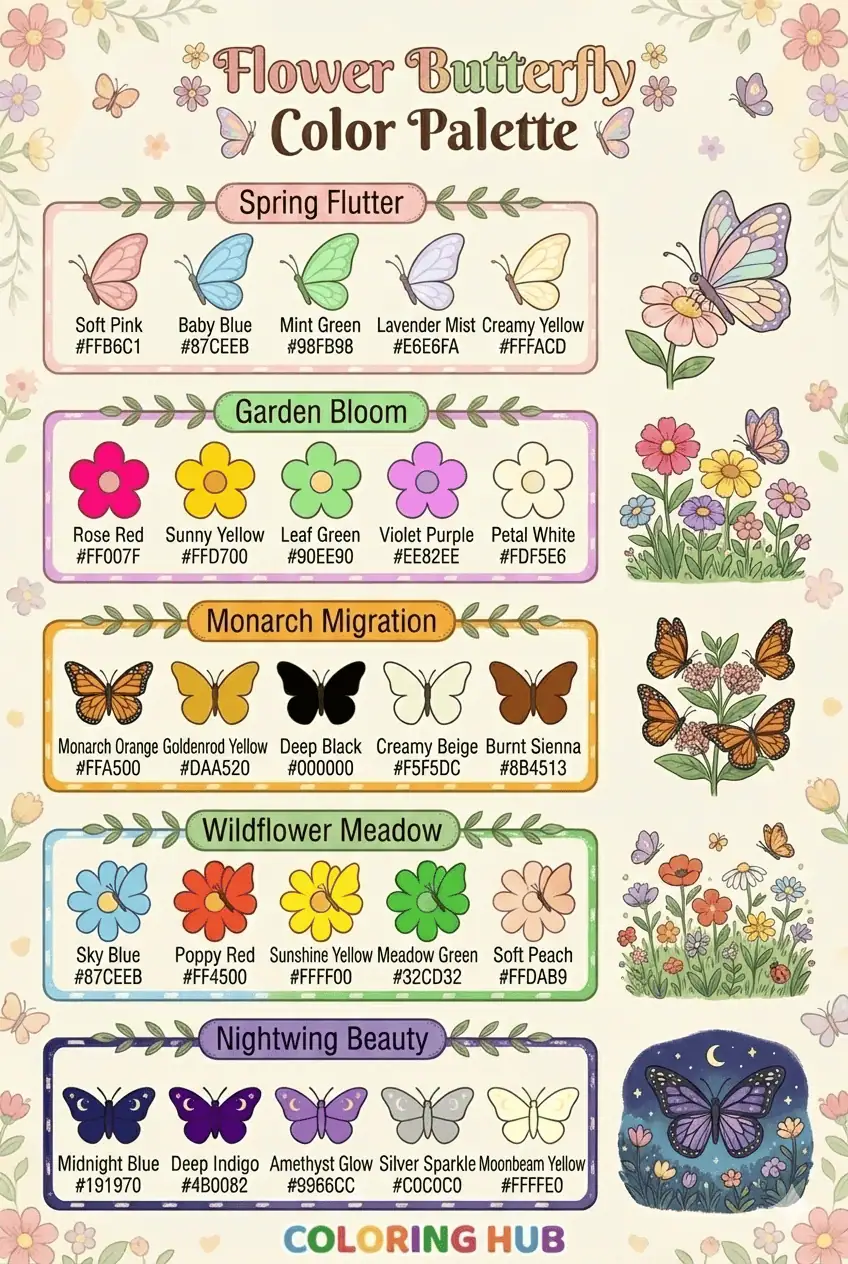 Flower and Butterfly Coloring Page Color Palettes