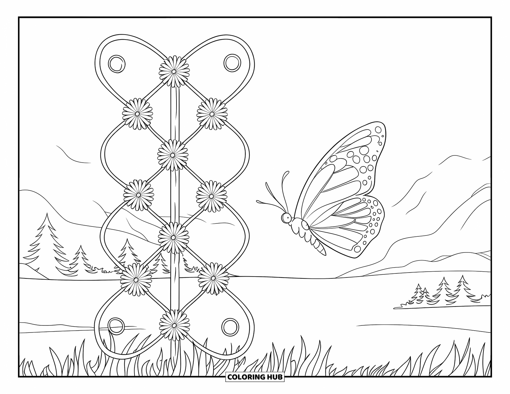 Flower Butterfly Coloring Page for Adults: A butterfly drifts by a floral trellis with mountains and trees behind it