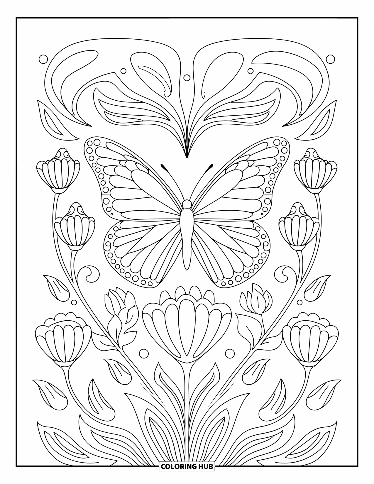 Flower Butterfly Coloring Page for Adults: A butterfly hovers above floral stems in a vertical design
