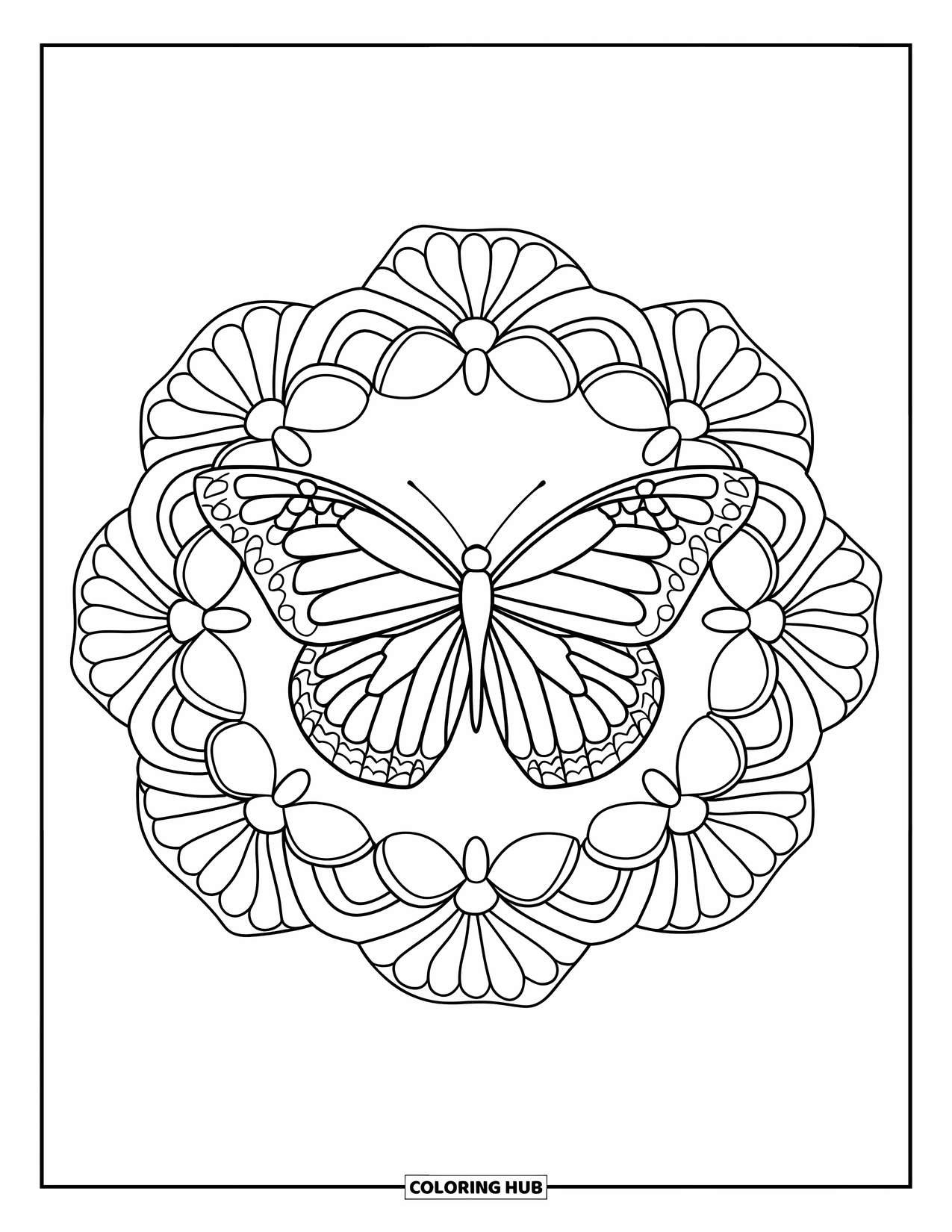 Flower Butterfly Coloring Page for Adults: A butterfly is centered in a floral mandala of roses and daisies
