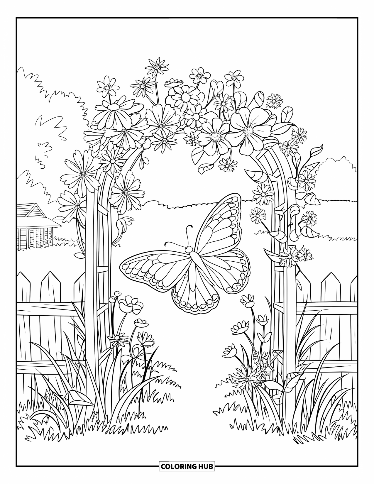 Flower Butterfly Coloring Page for Adults: A butterfly rests in a flower-covered arch in a cozy countryside