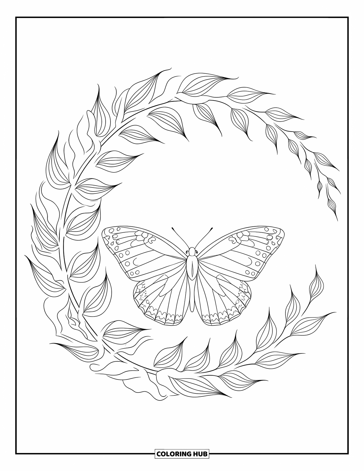 Flower Butterfly Coloring Page for Adults: A butterfly rests on a swirl of leaves and delicate flower petals