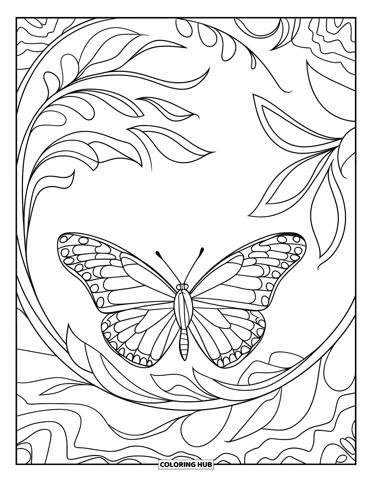 Flower Butterfly Coloring Page for Adults: A butterfly rests quietly on swirling petals and leaves