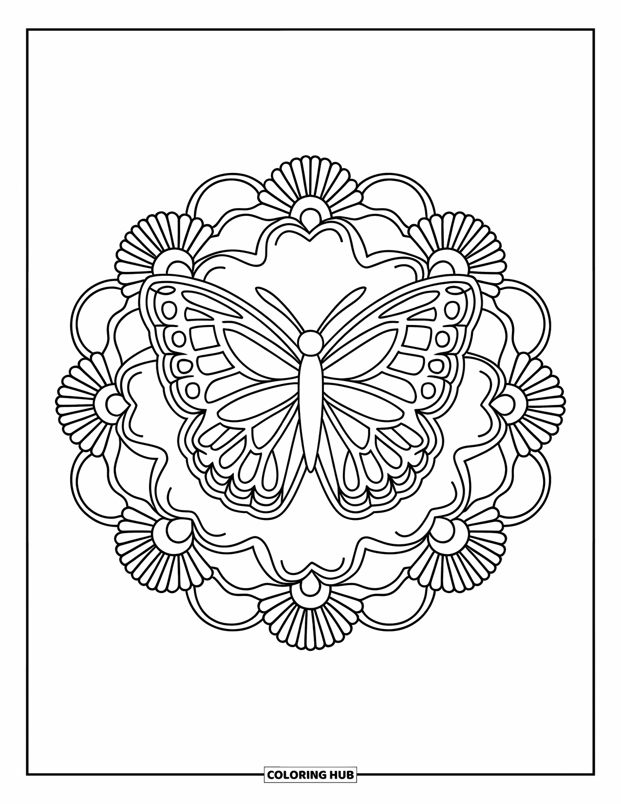 Flower Butterfly Coloring Page for Adults: A butterfly sits at the center of a mandala of roses and daisies