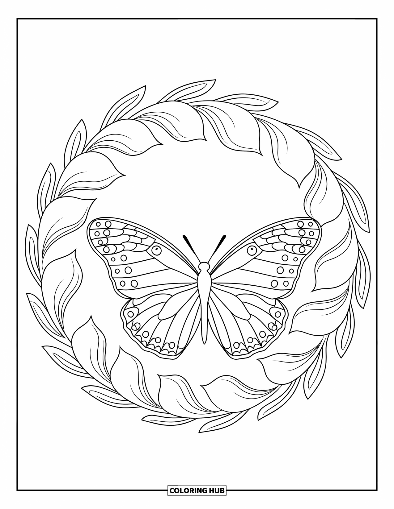 Flower Butterfly Coloring Page for Adults: A butterfly sits on a spiral base of petals and leaves