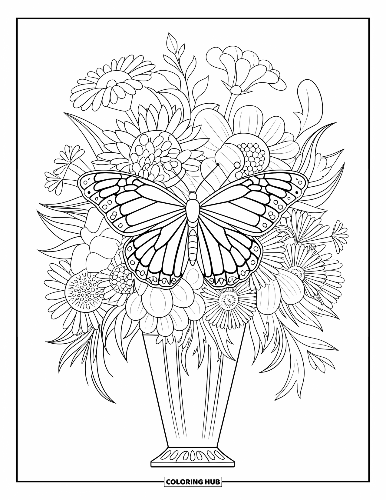 Flower Butterfly Coloring Page for Adults: A butterfly spreads its wings in a vase full of garden flowers