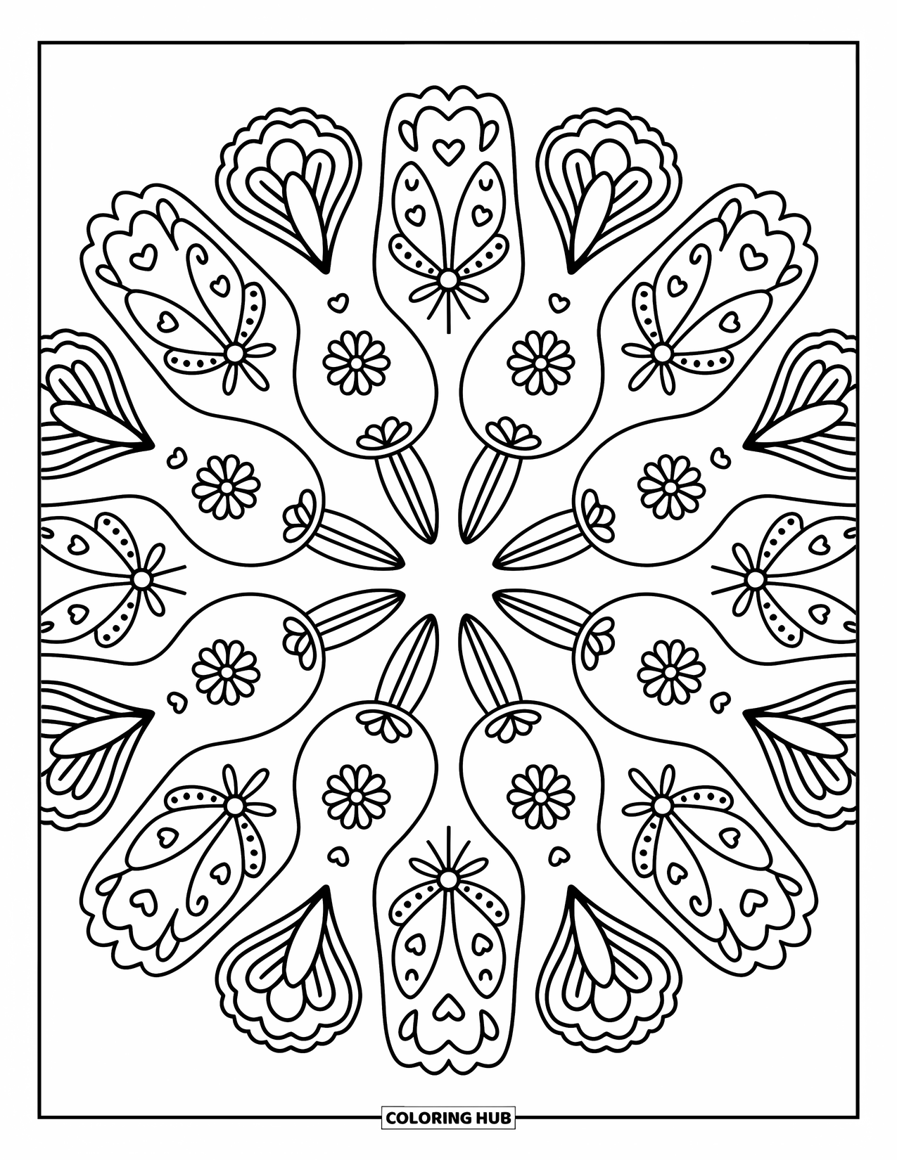 Flower Butterfly Coloring Page for Adults: A mandala of butterfly wings and flowers spreads in sweet, detailed rings