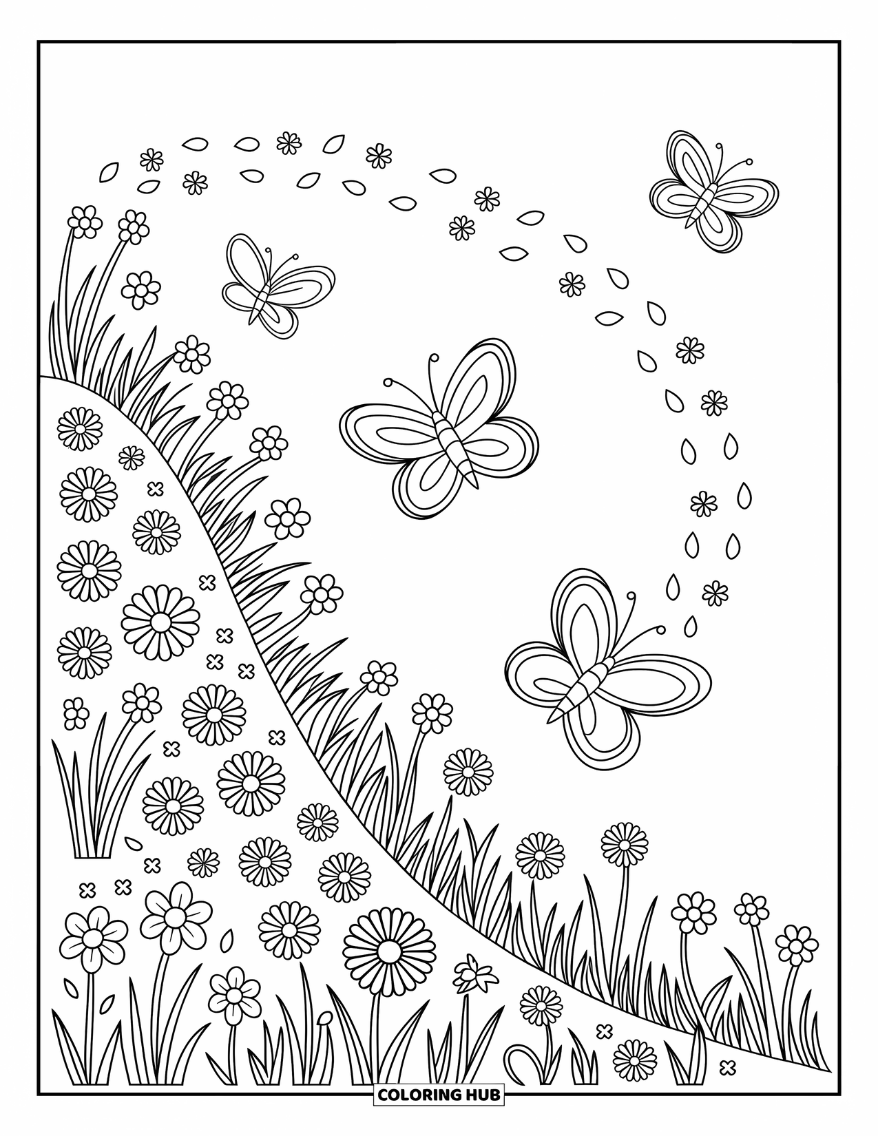 Flower Butterfly Coloring Page for Adults: A sloped meadow full of flowers welcomes butterflies floating gently overhead