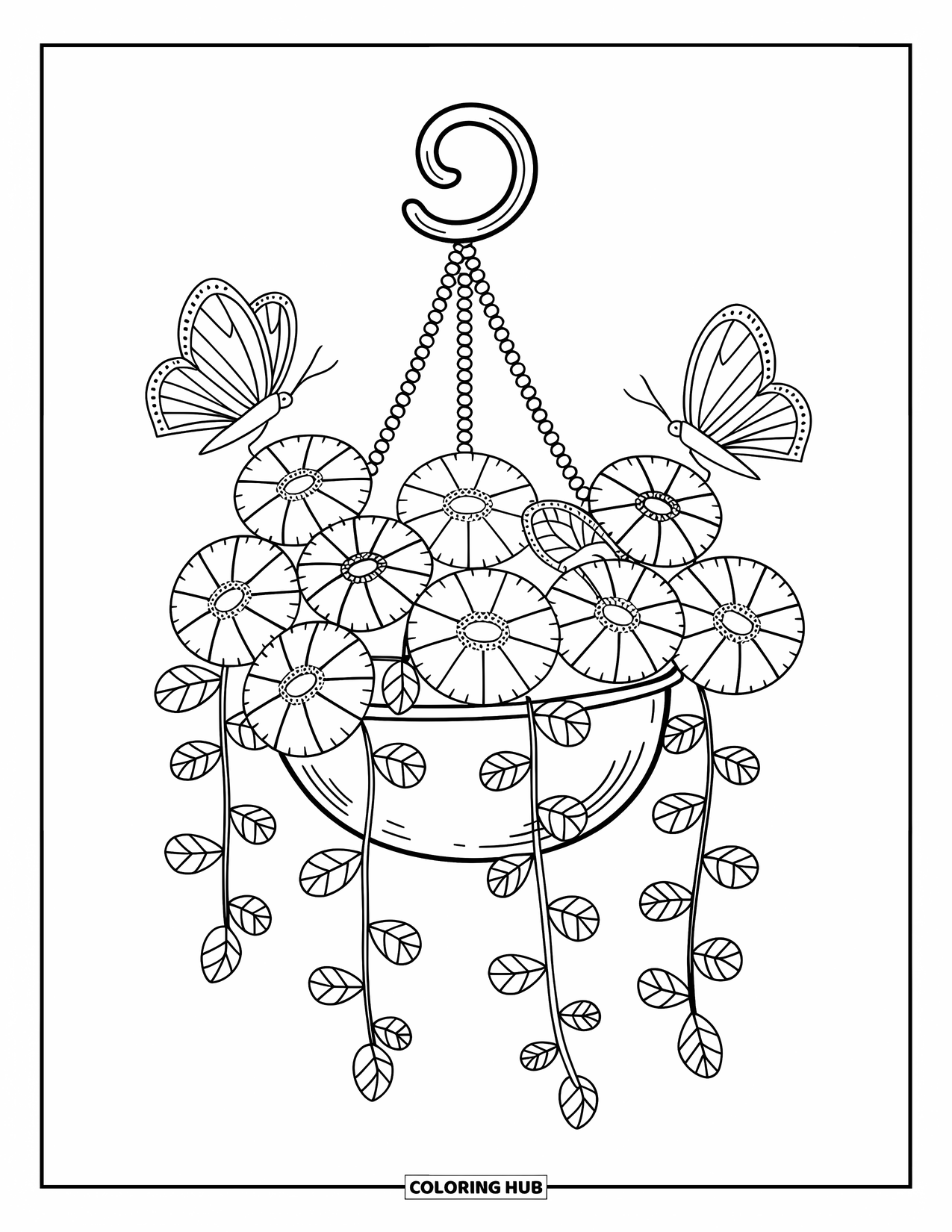 Flower Butterfly Coloring Page for Adults: A swinging basket of blooms welcomes butterflies drifting around its leafy vines