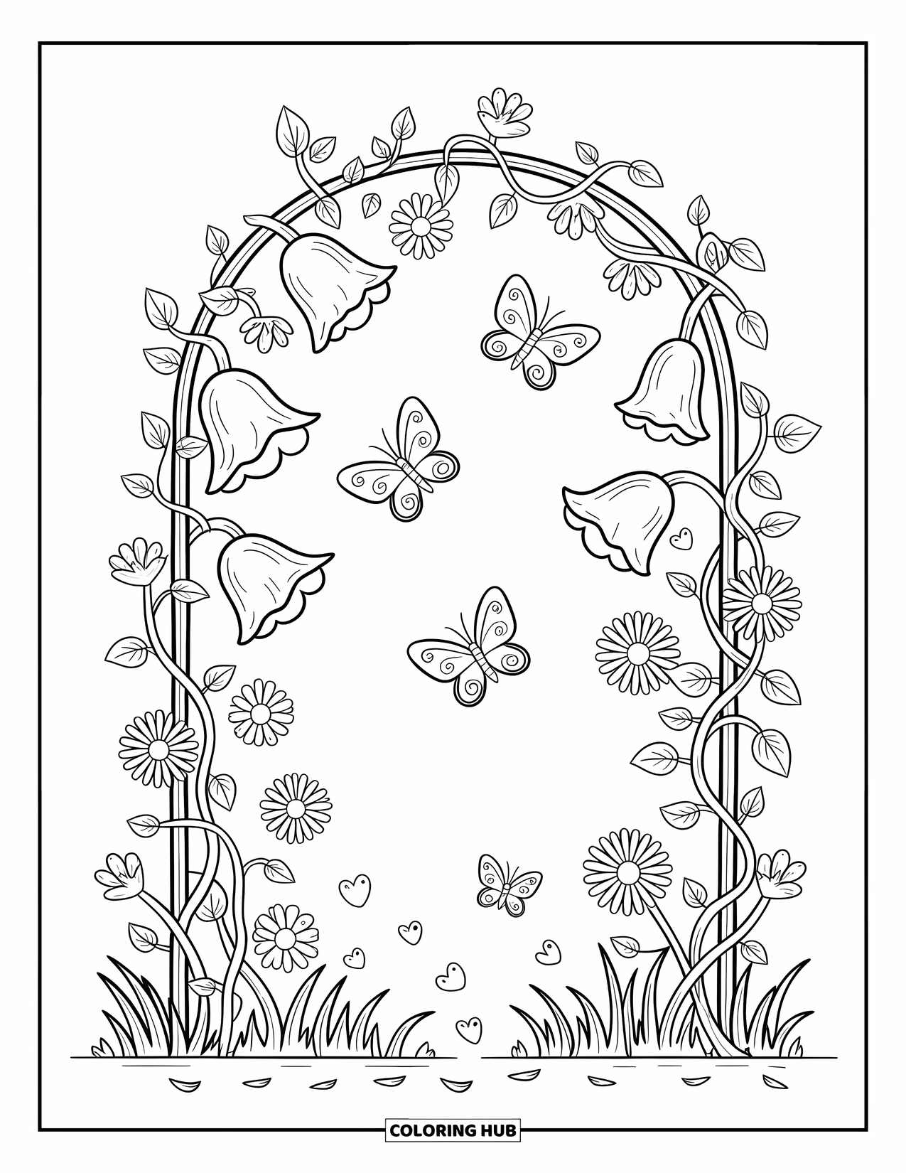 Flower Butterfly Coloring Page for Adults: A vine-covered arch welcomes drifting butterflies and falling petals below