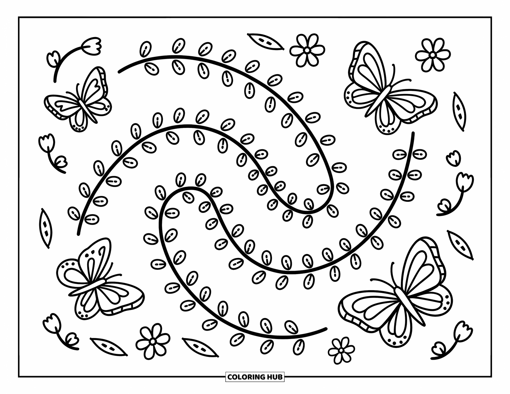 Flower Butterfly Coloring Page for Adults: A vine spirals upward with butterflies resting on its tiny blooms