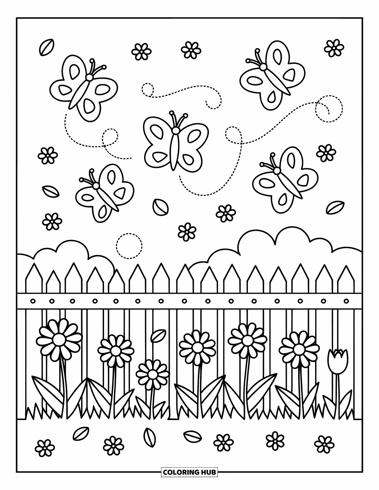 Flower Butterfly Coloring Page for Adults: A wooden fence is lined with tulips and daisies while butterflies drift above