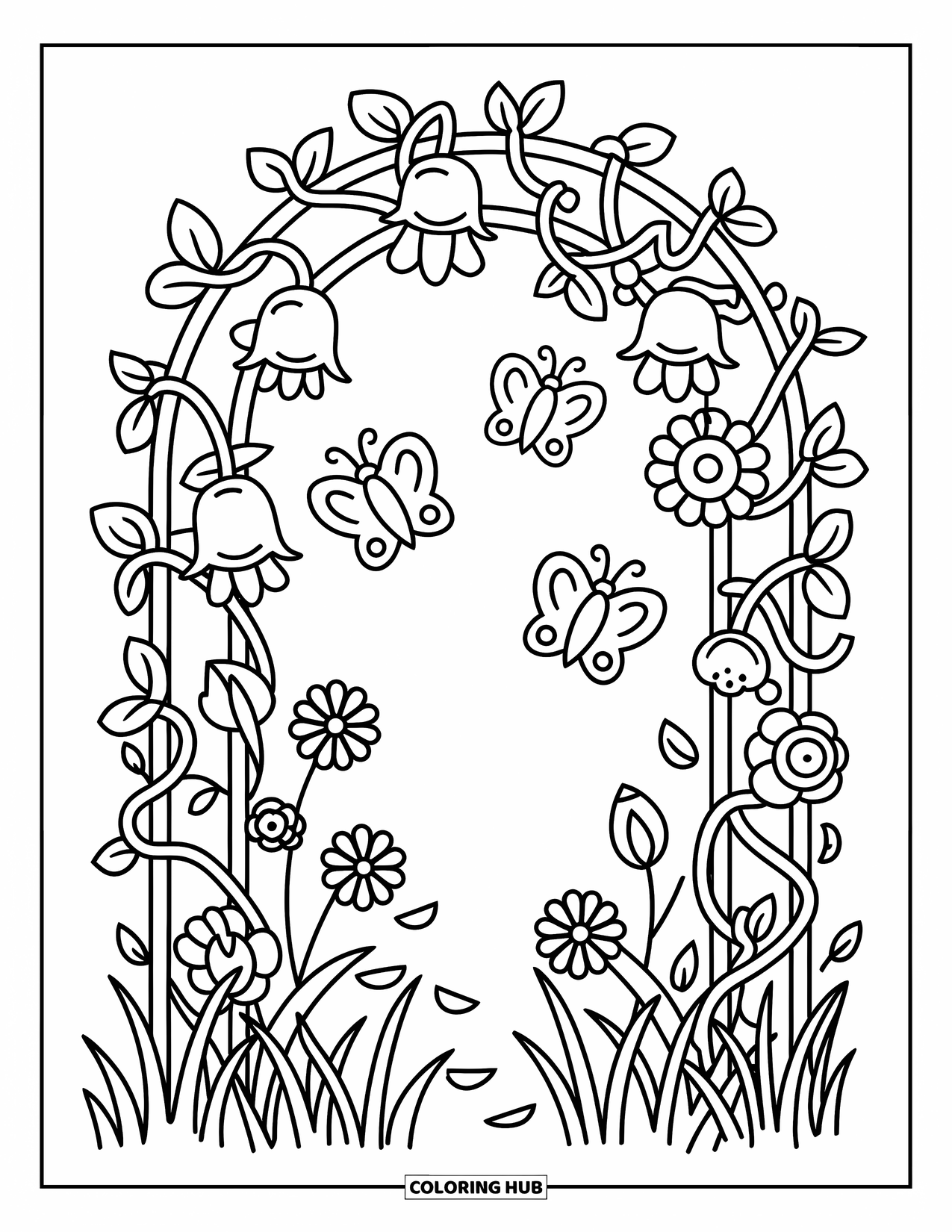 Flower Butterfly Coloring Page for Adults: Bell-shaped flowers and butterflies decorate a cozy arch of vines and grass