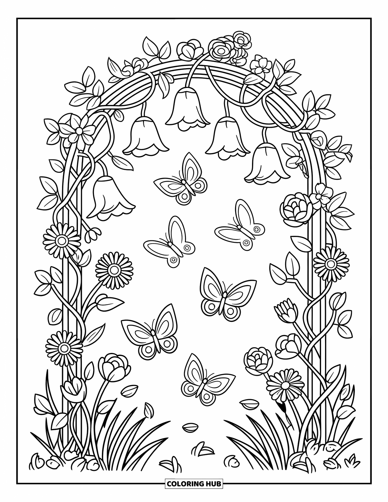 Flower Butterfly Coloring Page for Adults: Butterflies drift across an arched trellis covered in roses and bell-shaped blooms