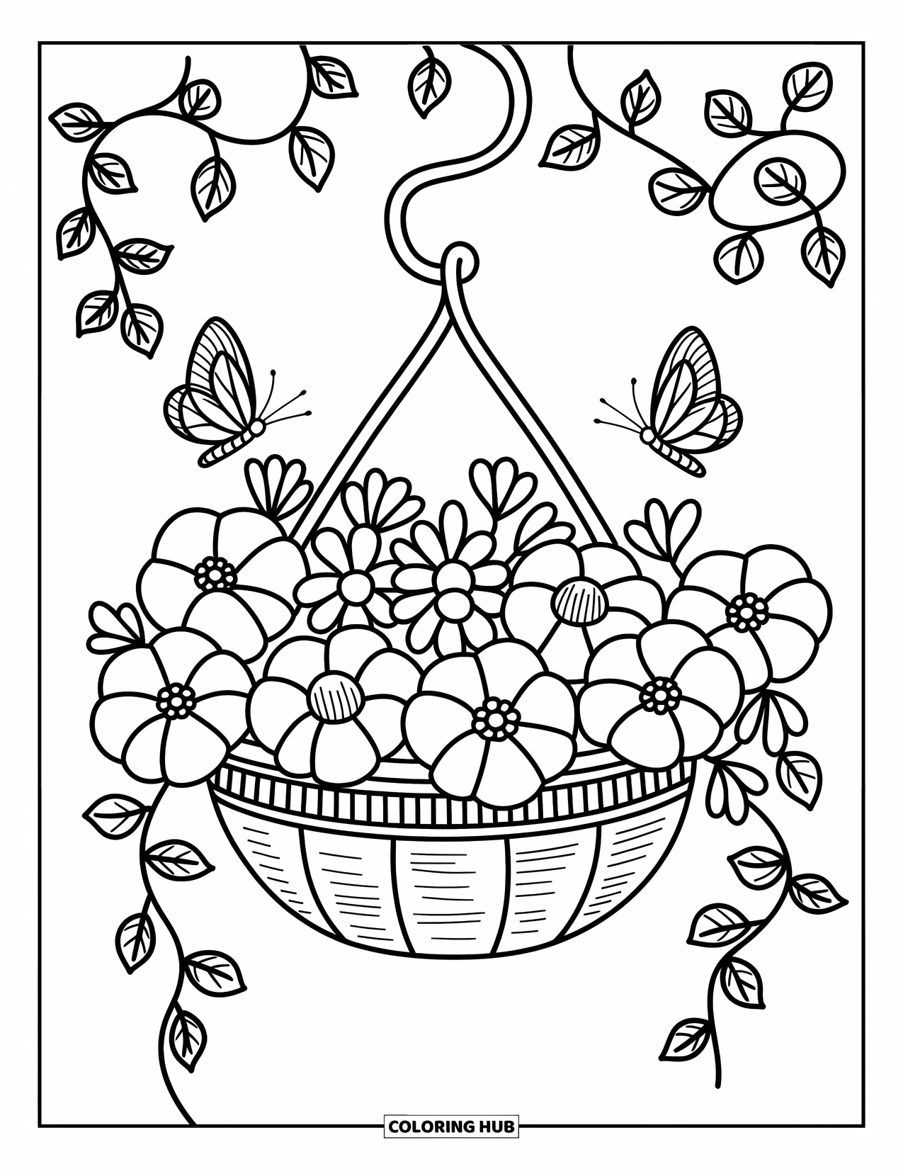 Flower Butterfly Coloring Page for Adults: Butterflies perch on flowers in a hanging basket with curling, leafy vines