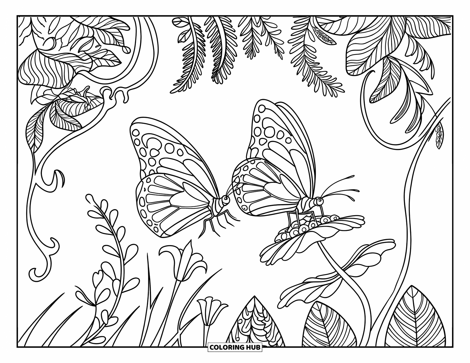 Flower Butterfly Coloring Page for Adults: Butterflies with bold wings flutter above flowers and leafy vines