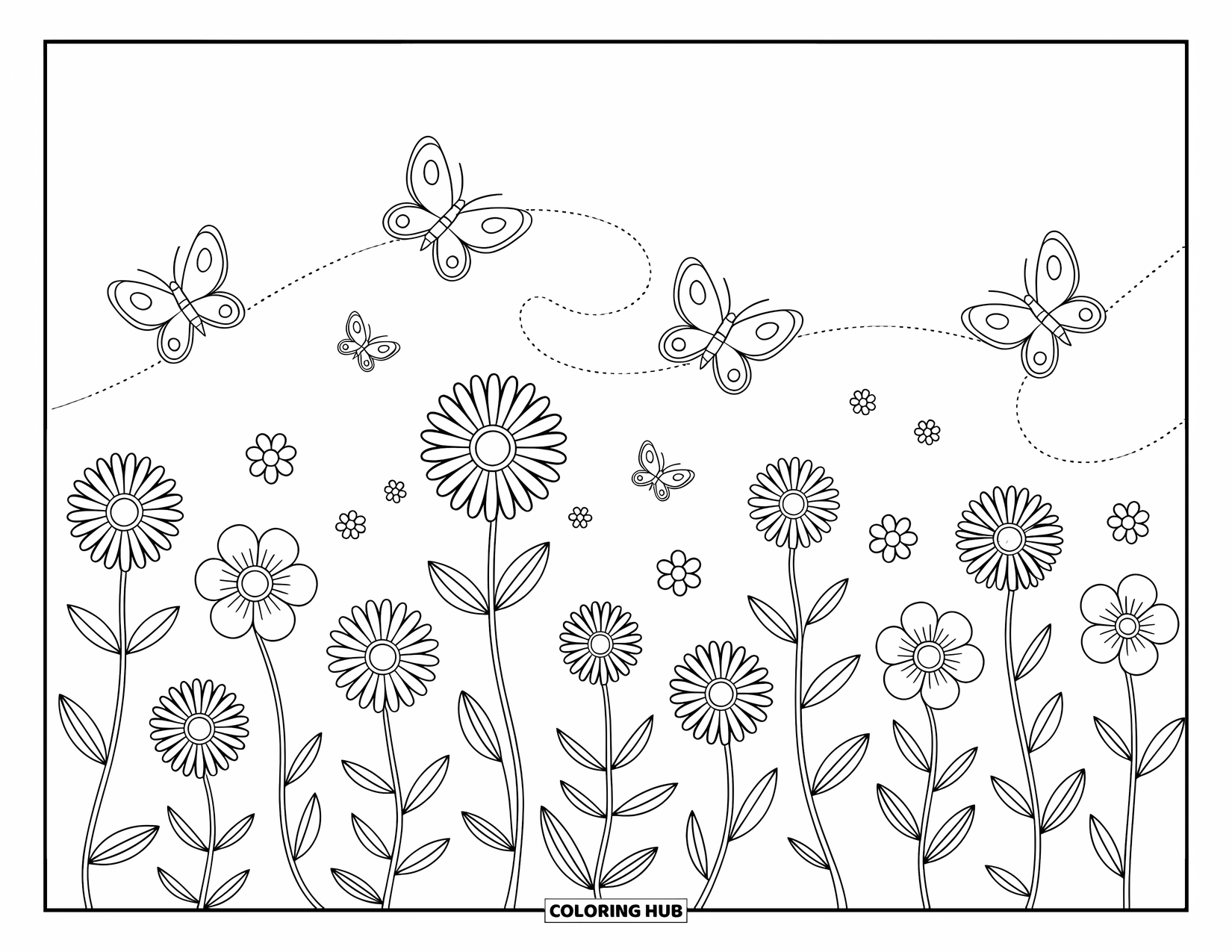 Flower Butterfly Coloring Page for Adults: Floating flowers drift with butterflies looping gently through the air