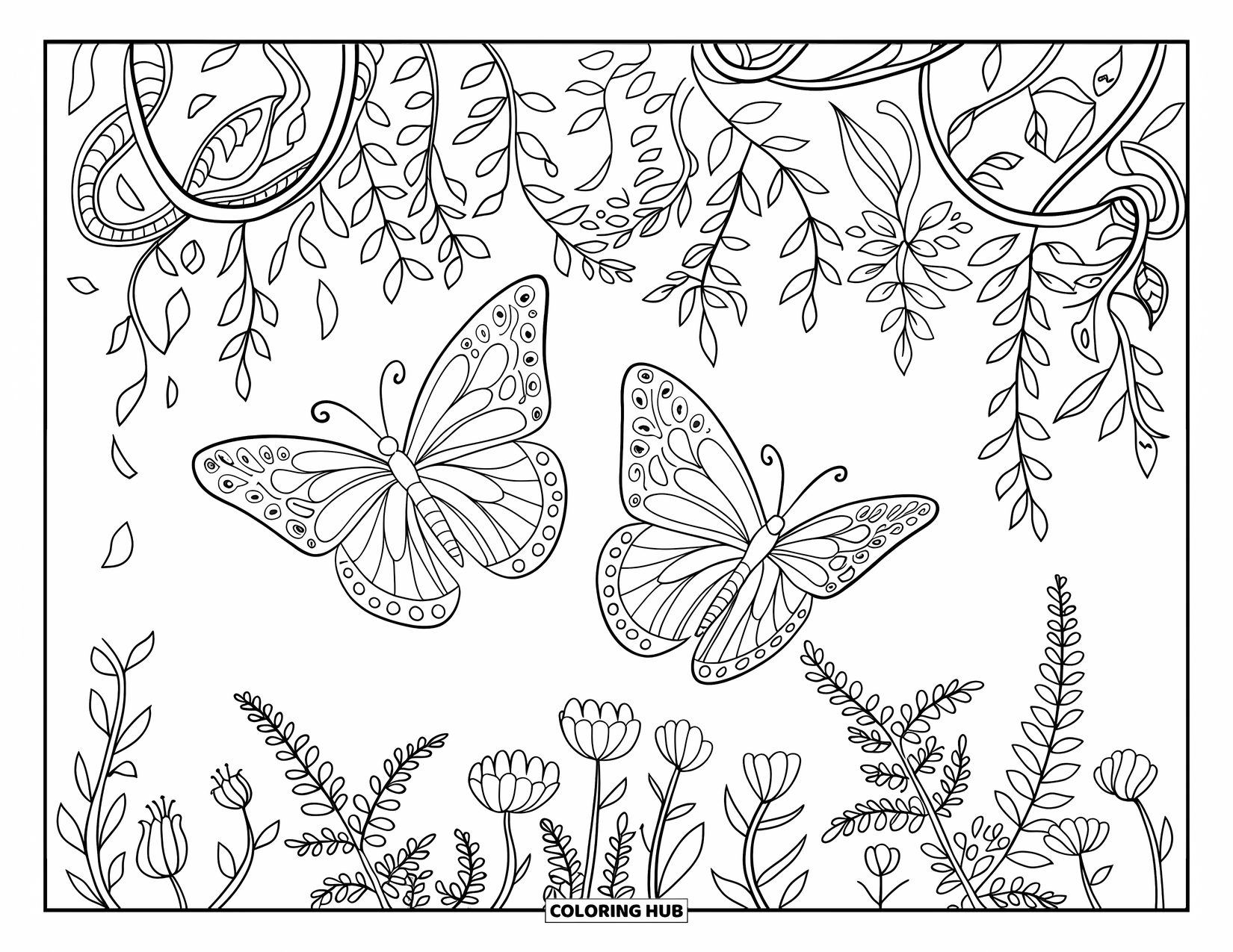 Flower Butterfly Coloring Page for Adults: Two butterflies dance above cozy petals and trailing garden greenery