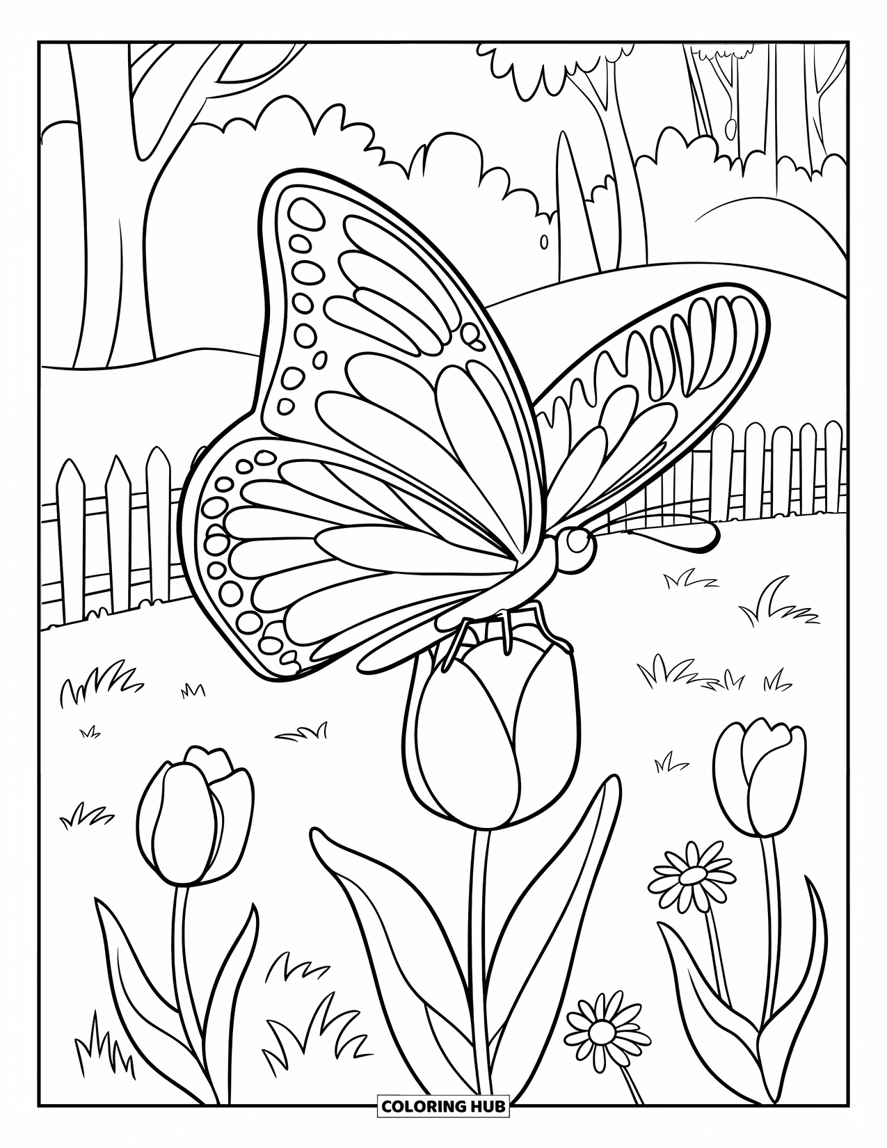 Flower Butterfly Coloring Page for Kids: A big butterfly rests on a tulip in a cozy garden with flowers and trees