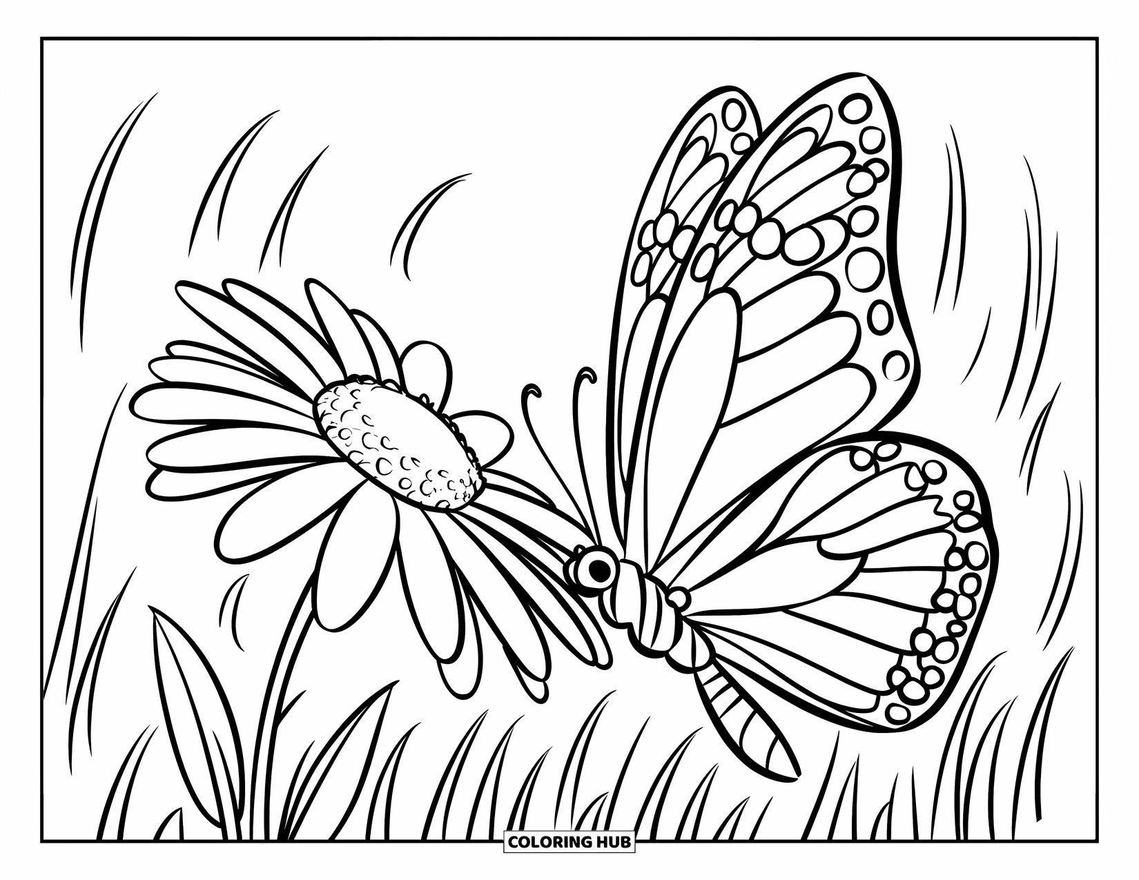 Flower Butterfly Coloring Page for Kids: A butterfly and a daisy tilt together surrounded by gently waving grass