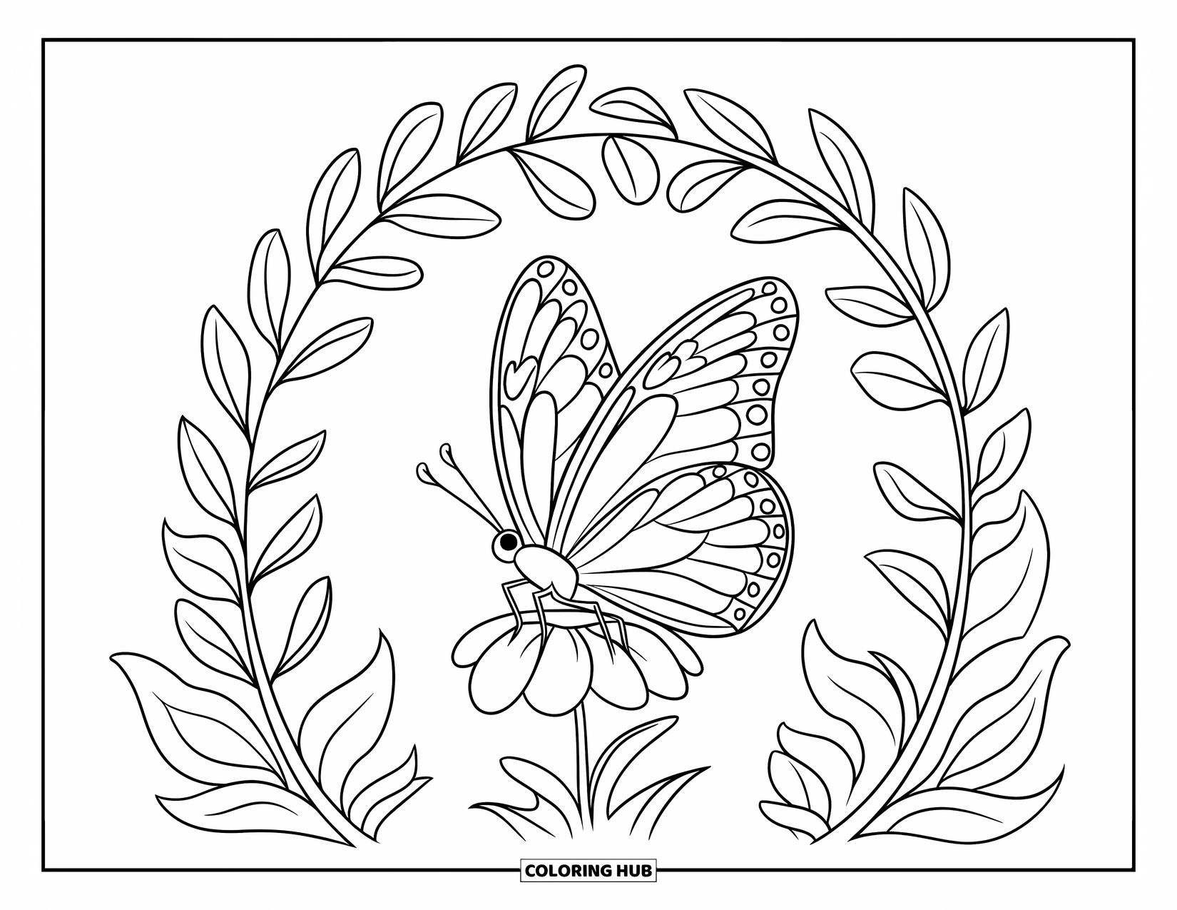 Flower Butterfly Coloring Page for Kids: A butterfly and flower snuggle under a leafy arch in a quiet garden