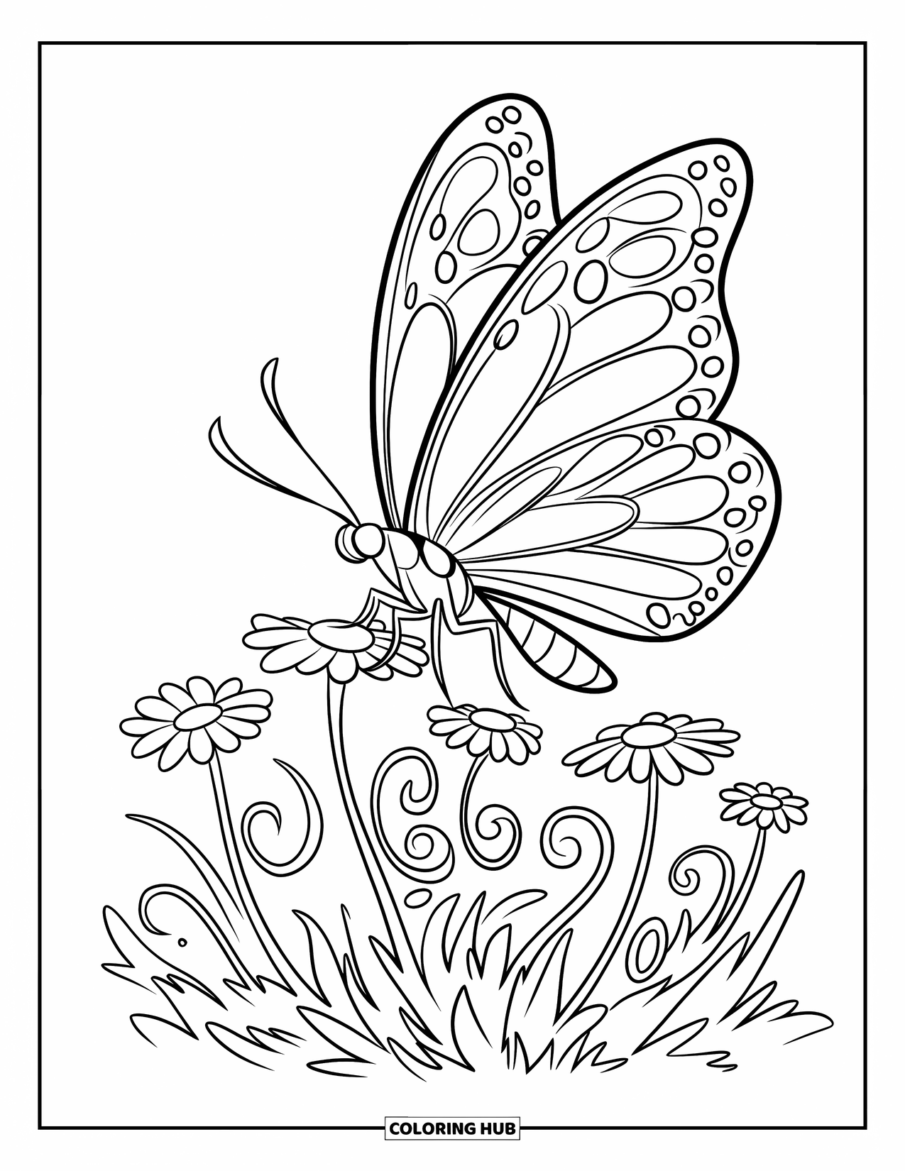Flower Butterfly Coloring Page for Kids: A butterfly dances over daisies arranged in a playful little circle