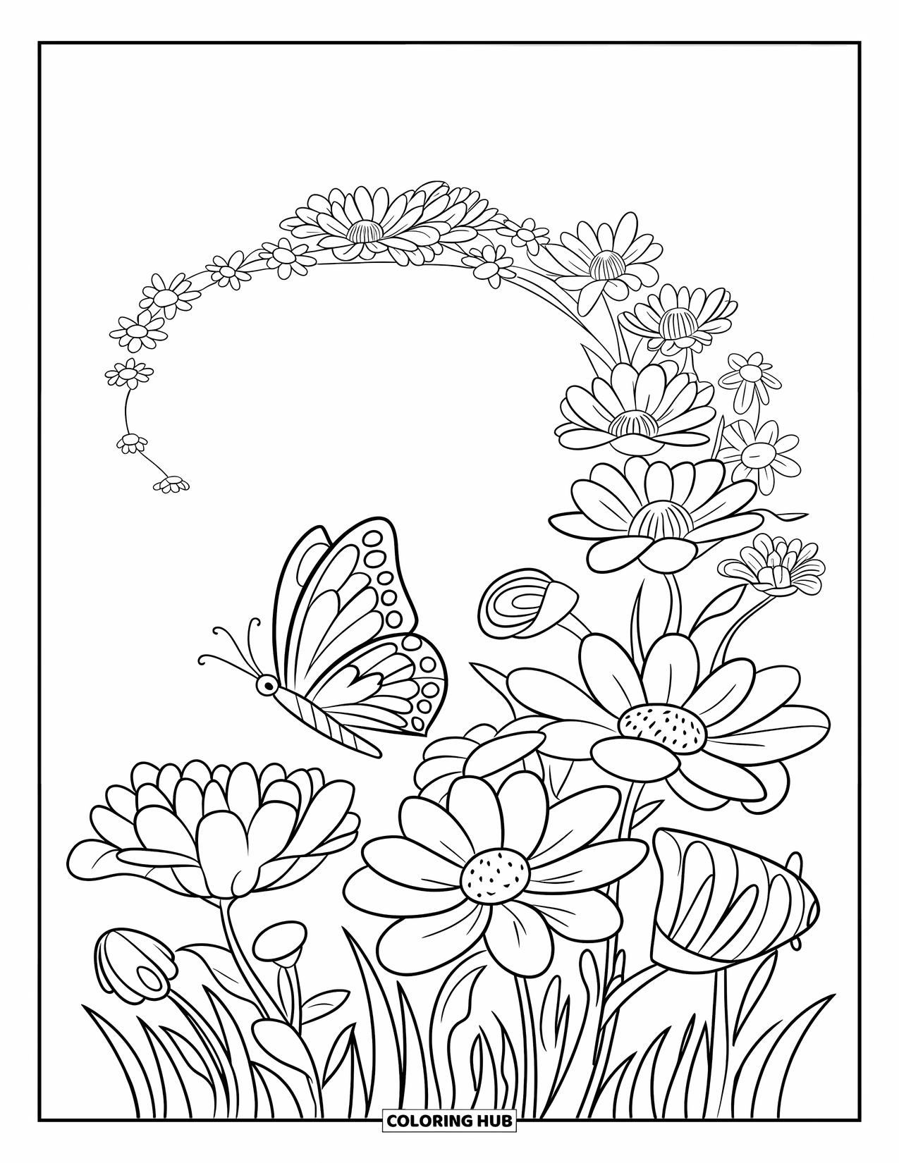 Flower Butterfly Coloring Page for Kids: A butterfly dances through blooming buds and full flowers in a sunny patch