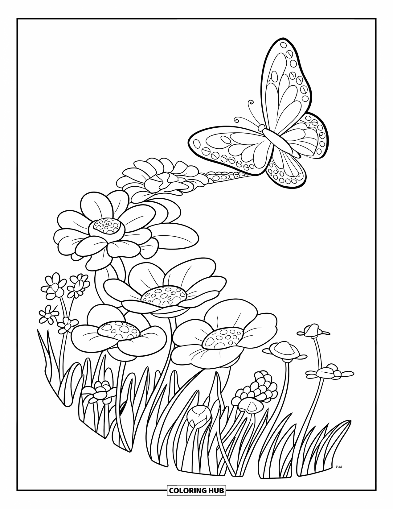 Flower Butterfly Coloring Page for Kids: A butterfly flies past blooming spring flowers arranged in soft layers