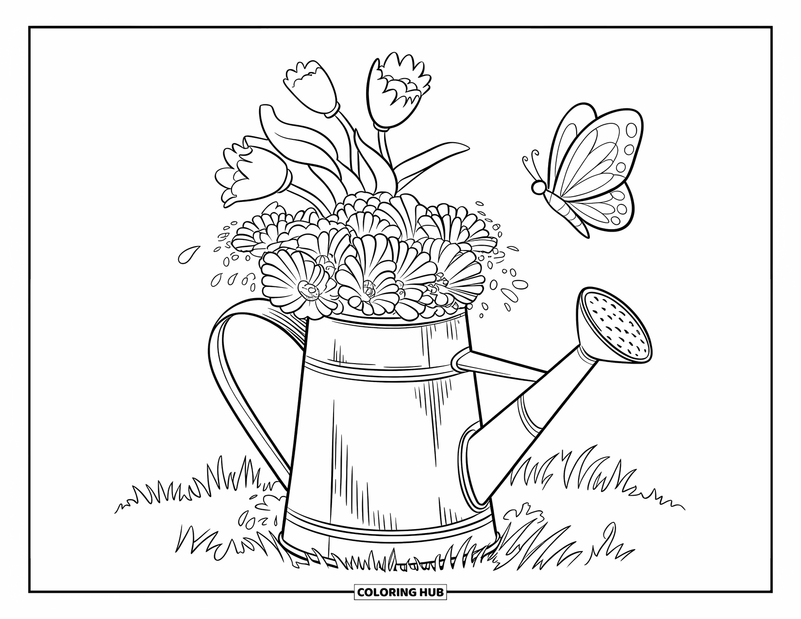 Flower Butterfly Coloring Page for Kids: A butterfly floats past a watering can bursting with flowers in a sunny meadow