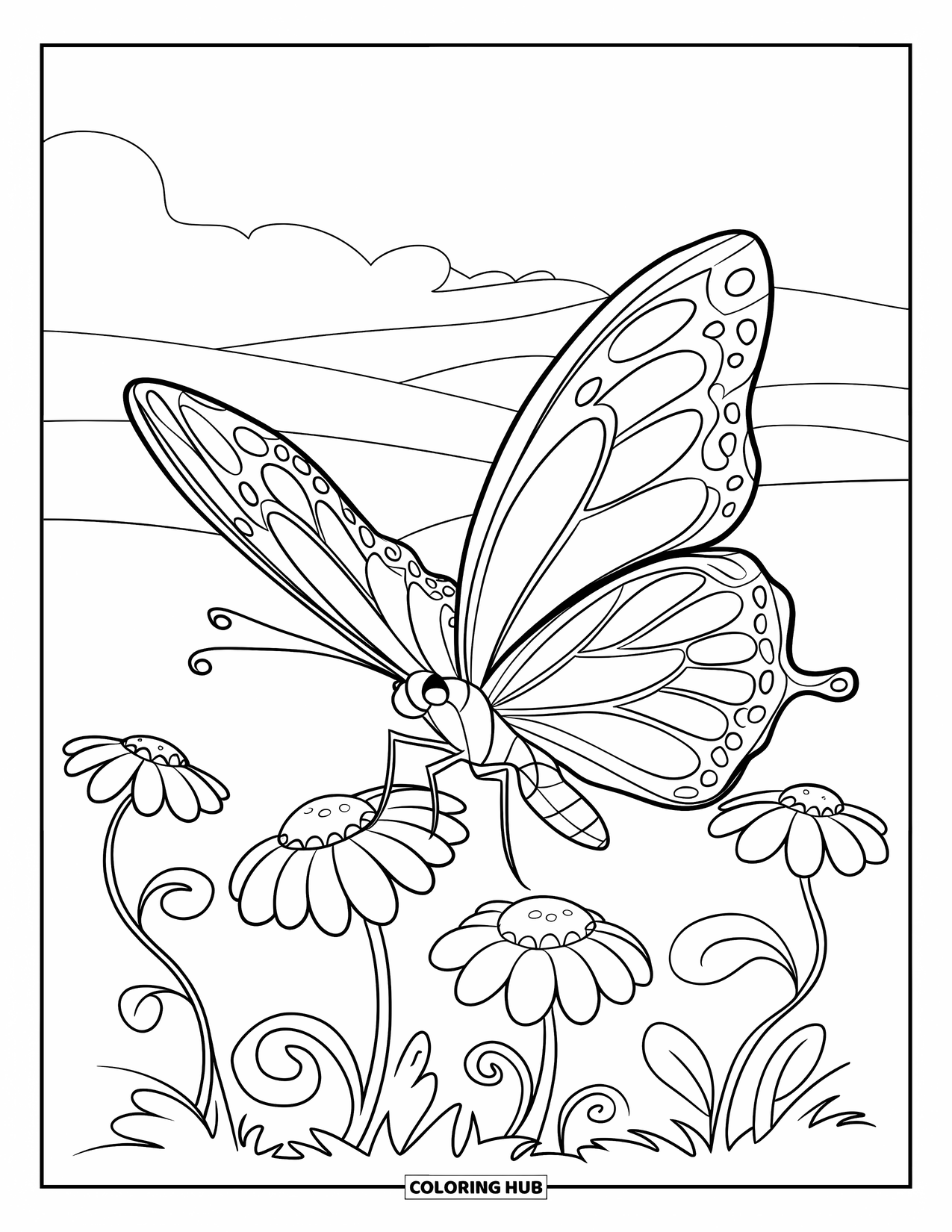 Flower Butterfly Coloring Page for Kids: A butterfly glides above daisies in a quiet garden meadow