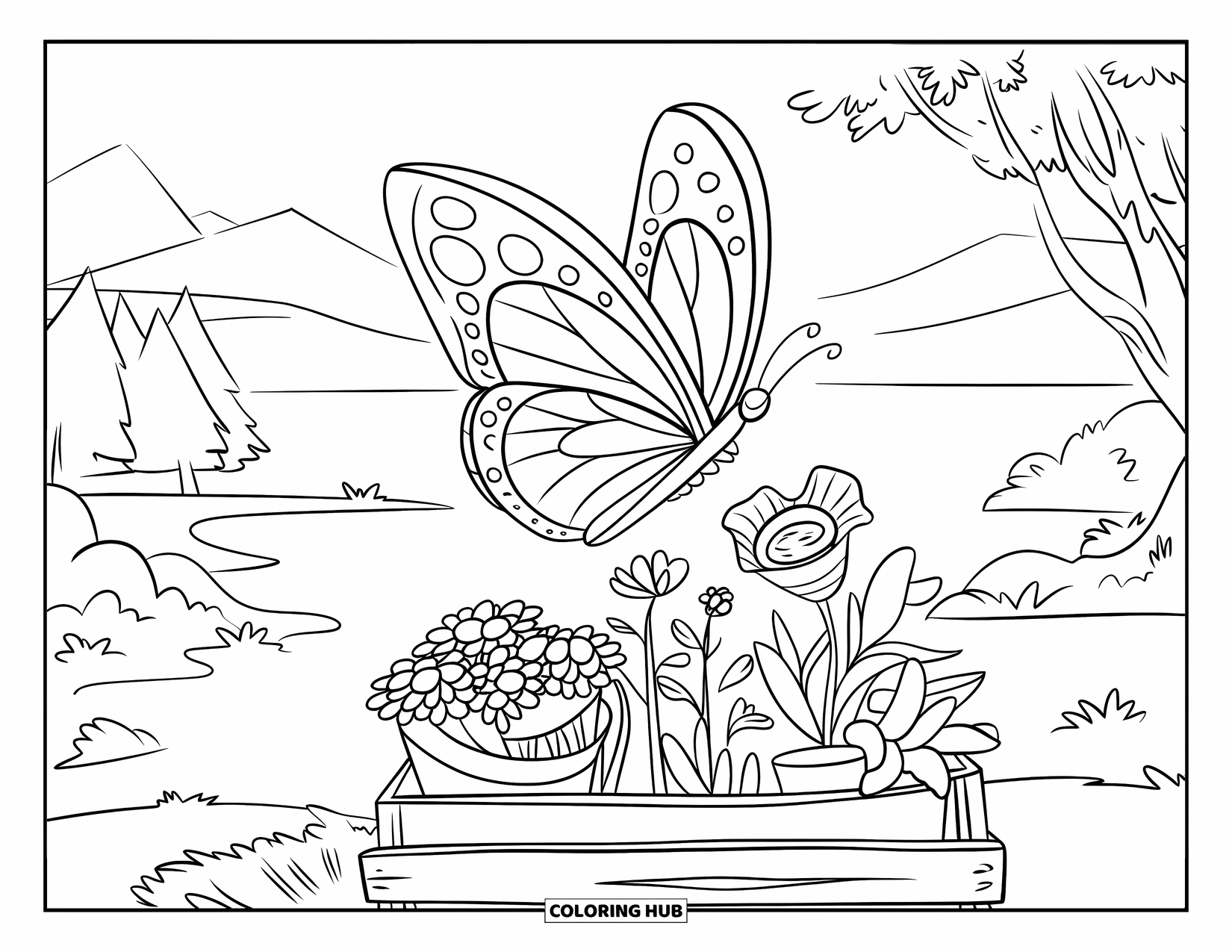 Flower Butterfly Coloring Page for Kids: A butterfly hovers above a wooden crate filled with potted plants and flowers