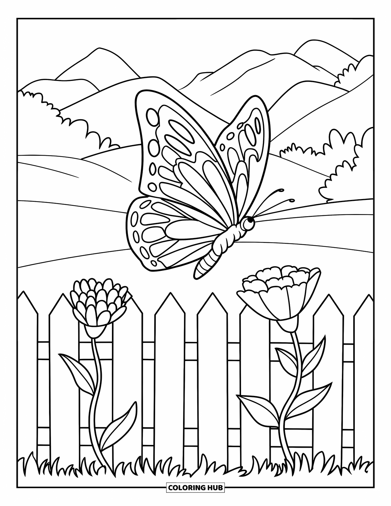 Flower Butterfly Coloring Page for Kids: A butterfly hovers near a fence and flowers in a green field