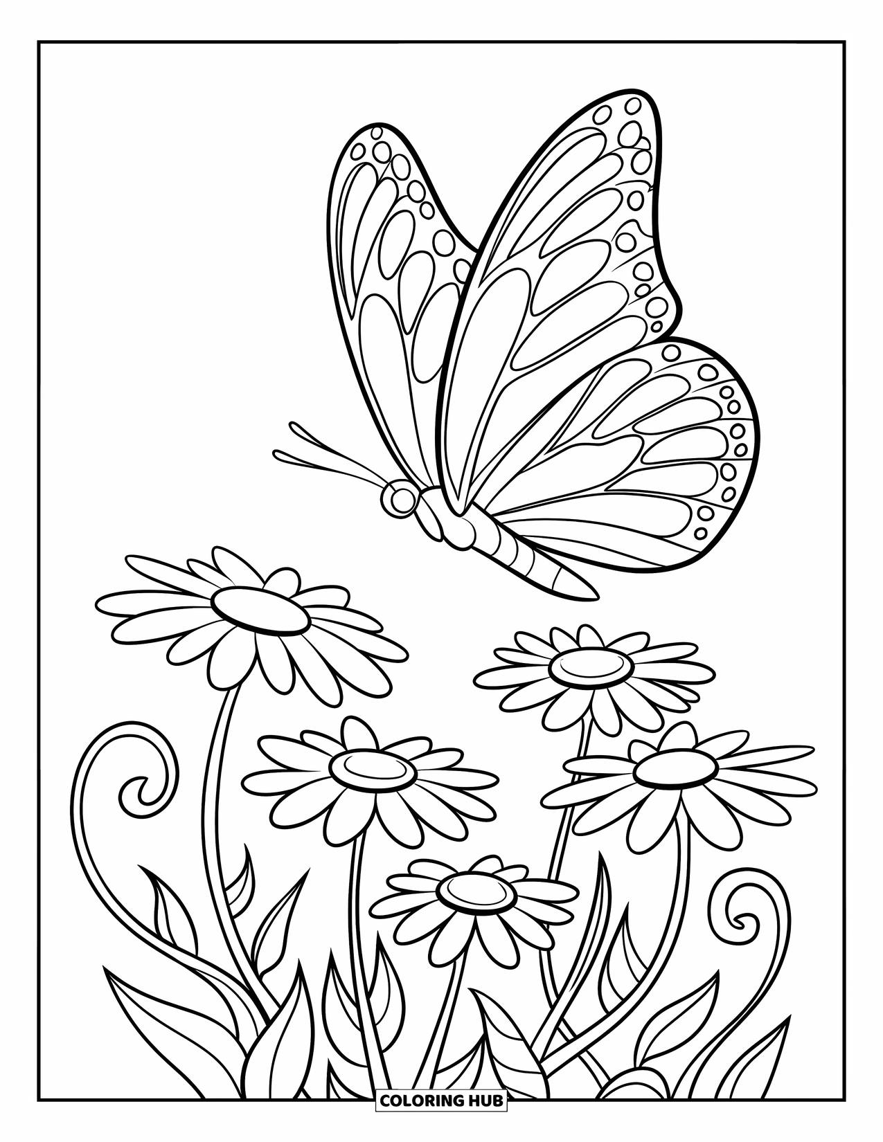 Flower Butterfly Coloring Page for Kids: A butterfly hovers over daisies with curvy stems and soft petals