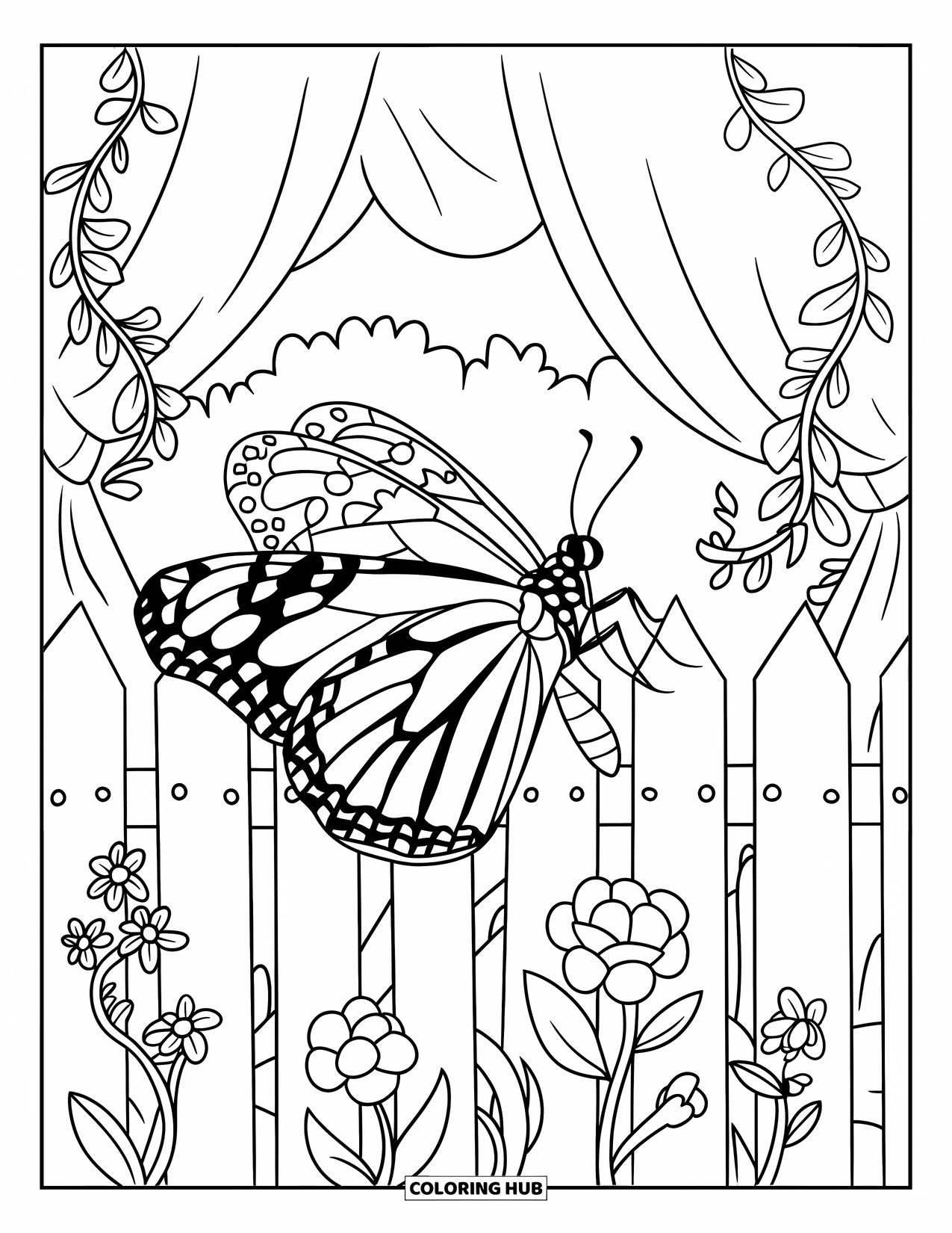 Flower Butterfly Coloring Page for Kids: A butterfly perches on a garden fence wrapped in climbing flowers