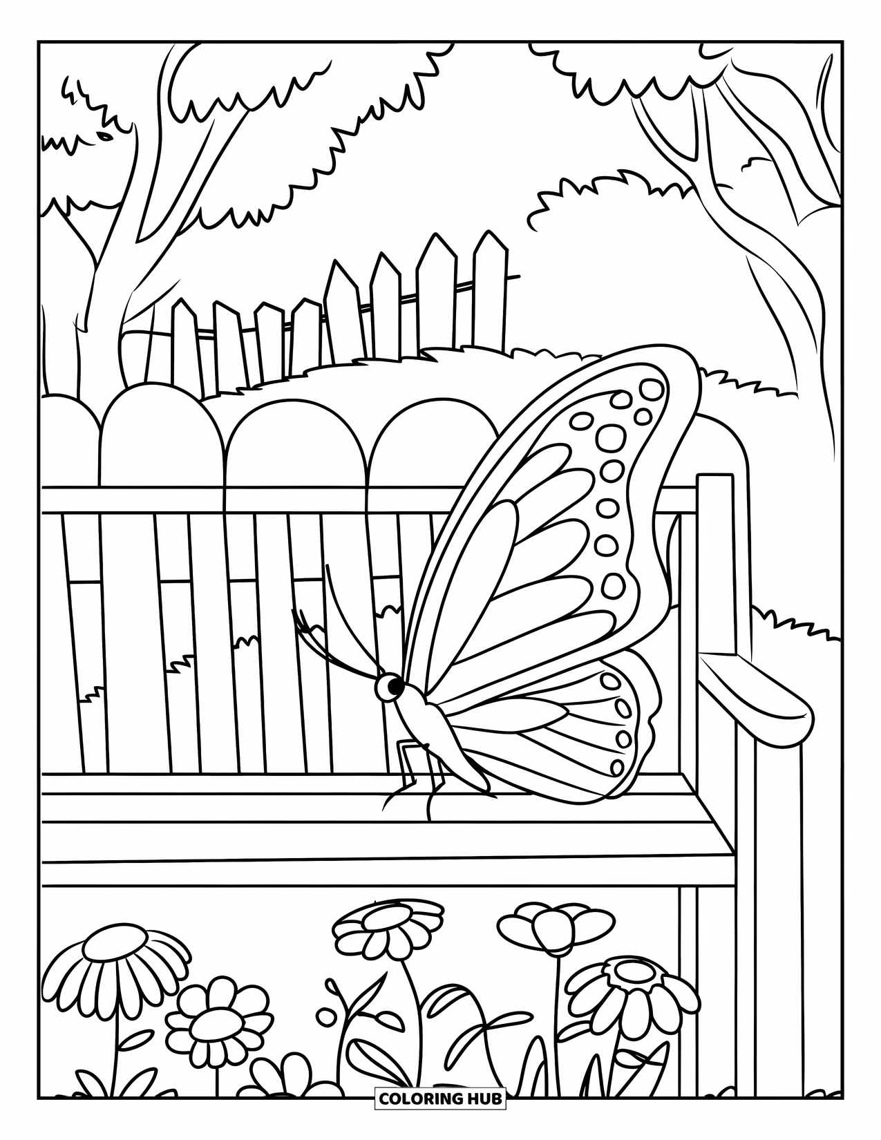 Flower Butterfly Coloring Page for Kids: A butterfly rests among flowers on a cozy bench surrounded by trees and a fence