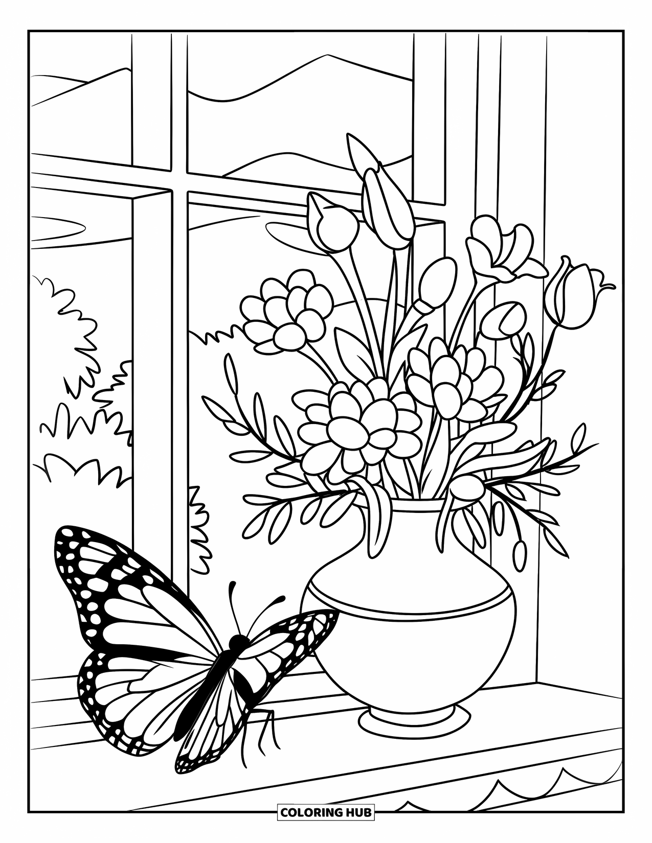 Flower Butterfly Coloring Page for Kids: A butterfly rests beside a vase of flowers on a windowsill with mountain views