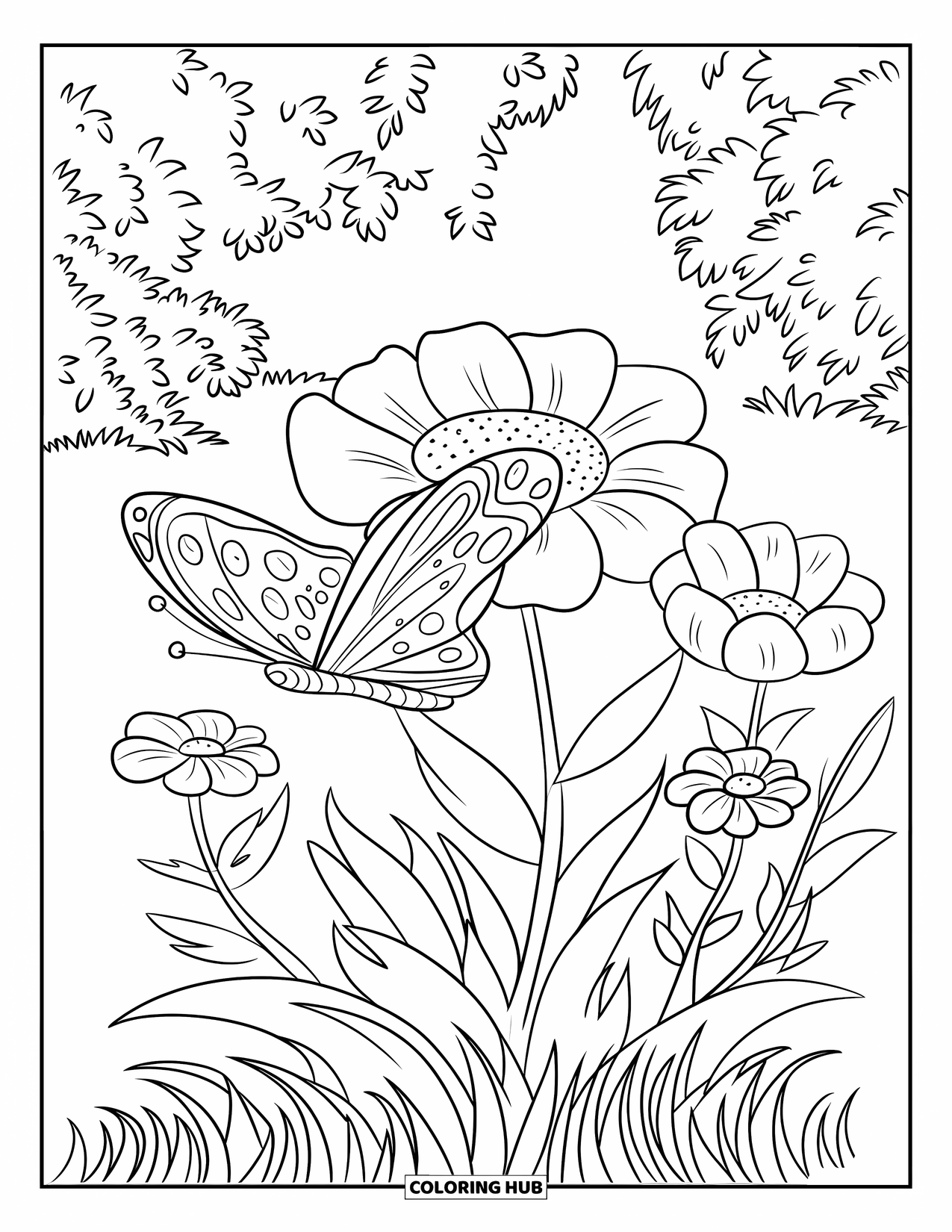 Flower Butterfly Coloring Page for Kids: A butterfly rests on a big flower surrounded by garden blooms