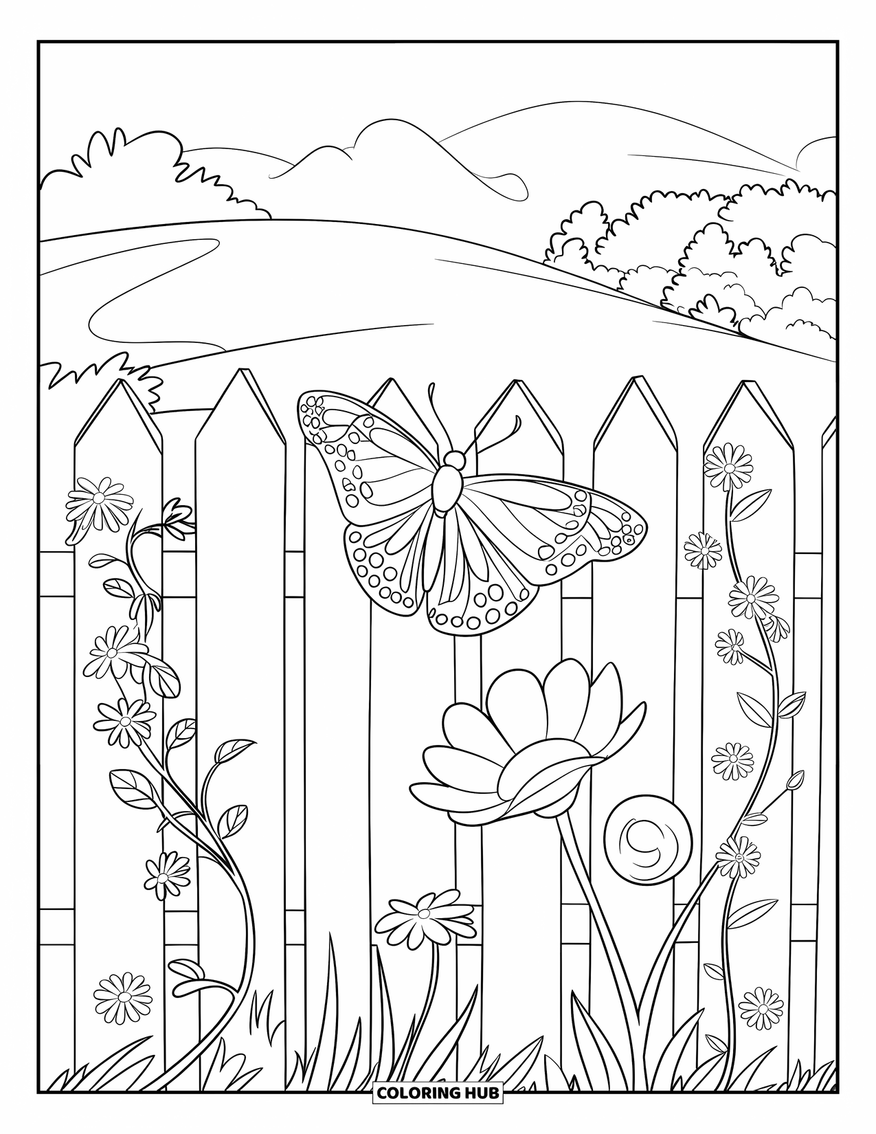 Flower Butterfly Coloring Page for Kids: A butterfly rests on a flowery fence in a breezy hillside garden