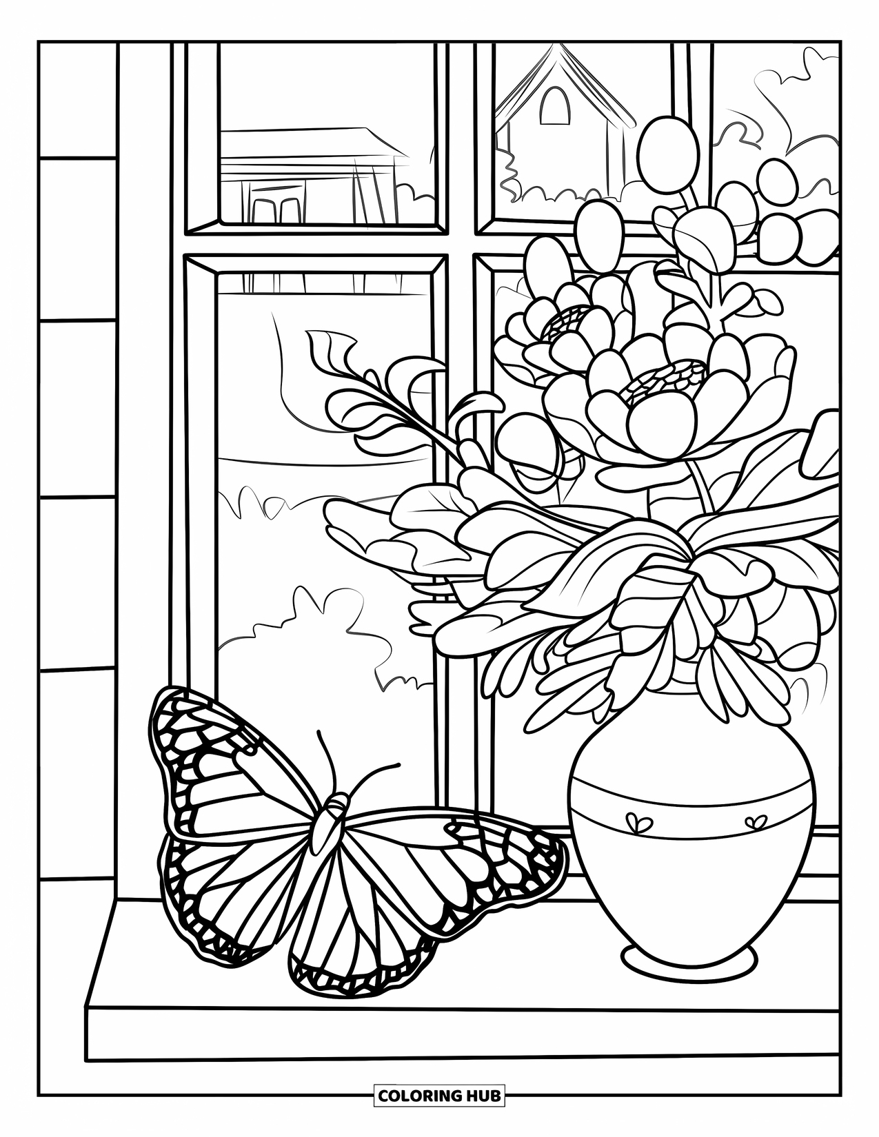 Flower Butterfly Coloring Page for Kids: A butterfly rests on a windowsill beside a vase of cozy blooms