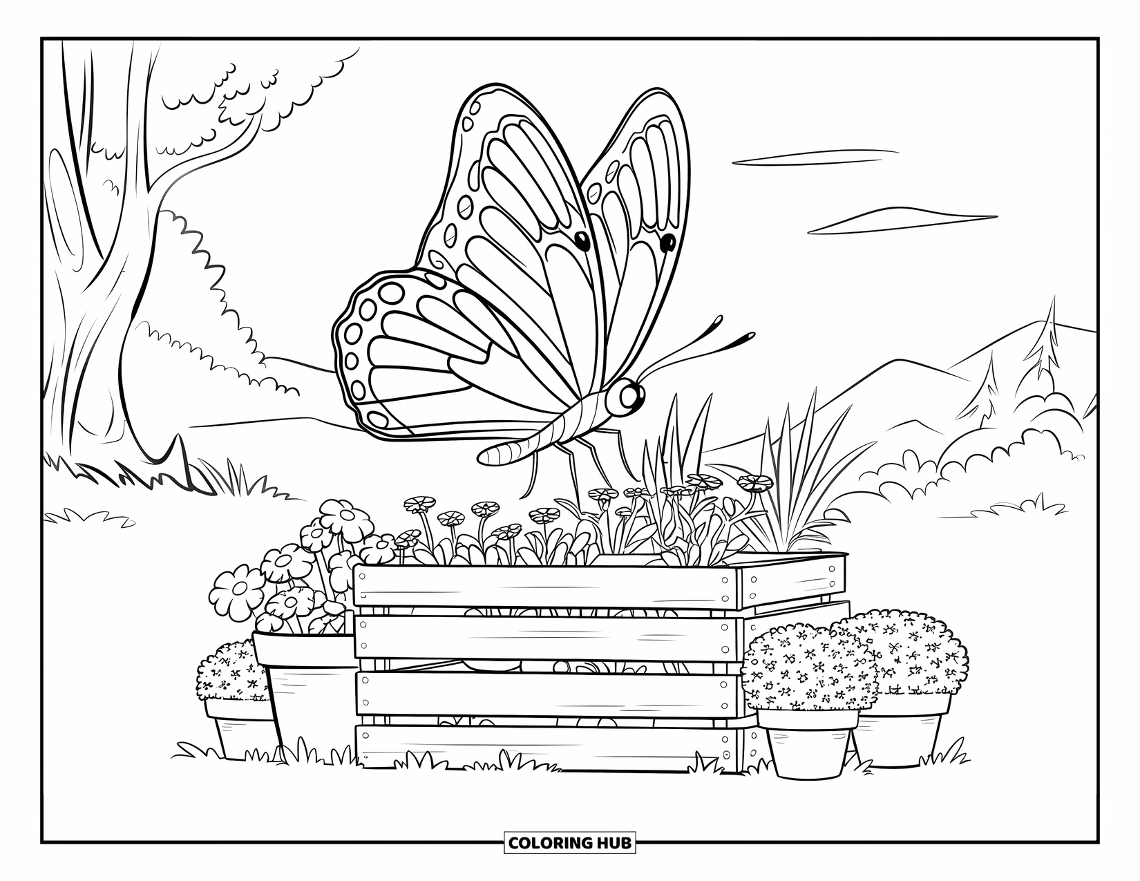 Flower Butterfly Coloring Page for Kids: A butterfly rests on a wooden crate surrounded by potted plants and flowers