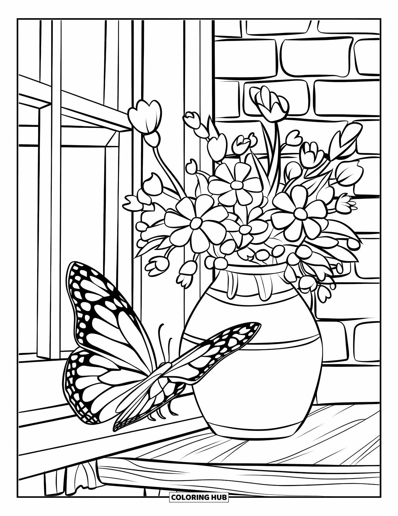 Flower Butterfly Coloring Page for Kids: A butterfly sits by a vase of flowers on a rustic windowsill