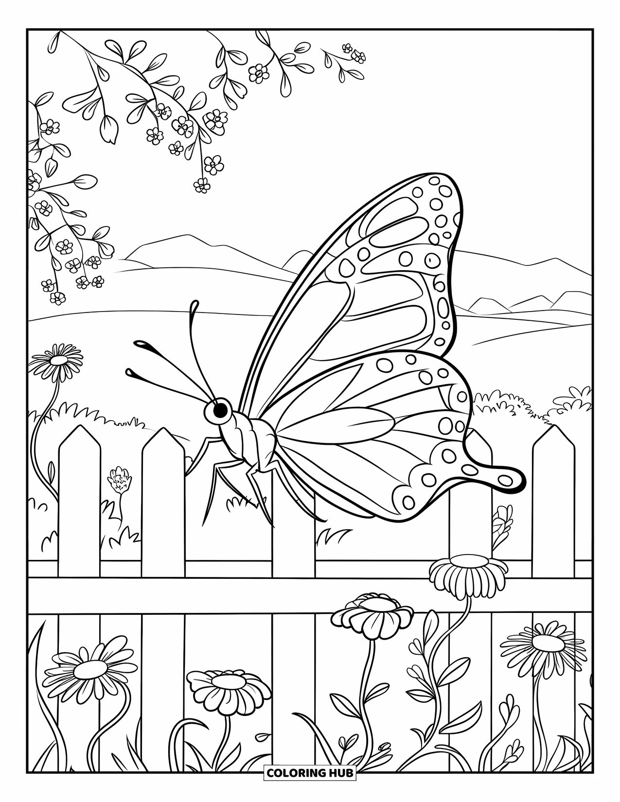 Flower Butterfly Coloring Page for Kids: A butterfly sits on a garden fence with mountains in the distance