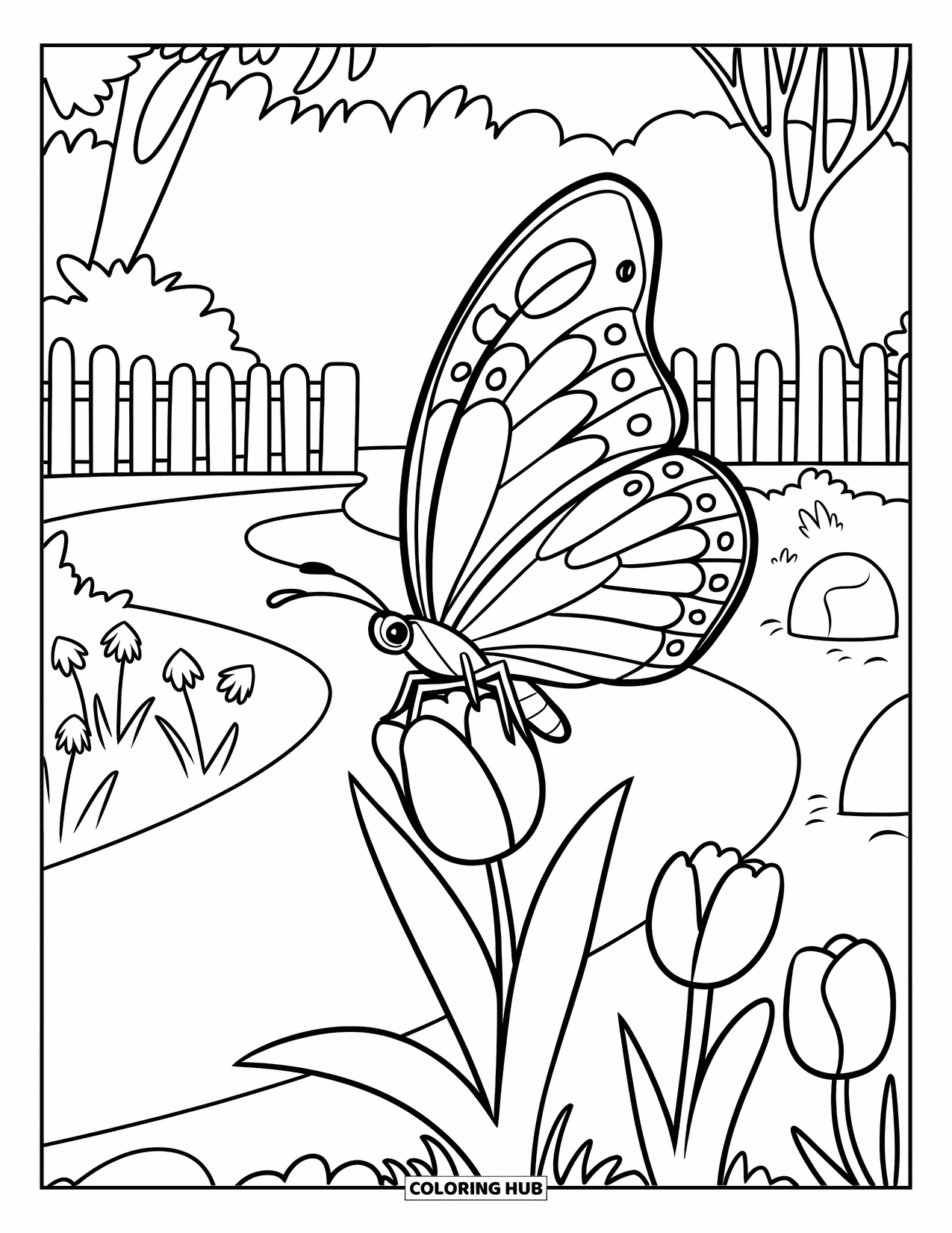 Flower Butterfly Coloring Page for Kids: A butterfly sits on a tulip near a garden path and leafy greenery