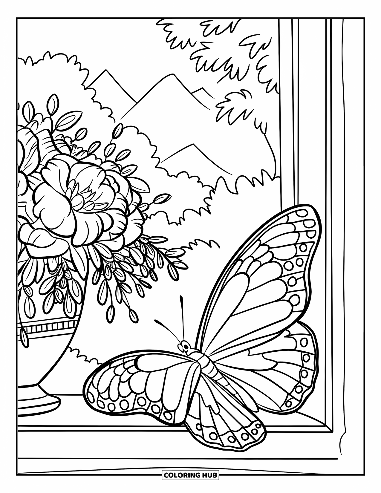Flower Butterfly Coloring Page for Kids: A butterfly spreads its wings near flowers on a sunny windowsill