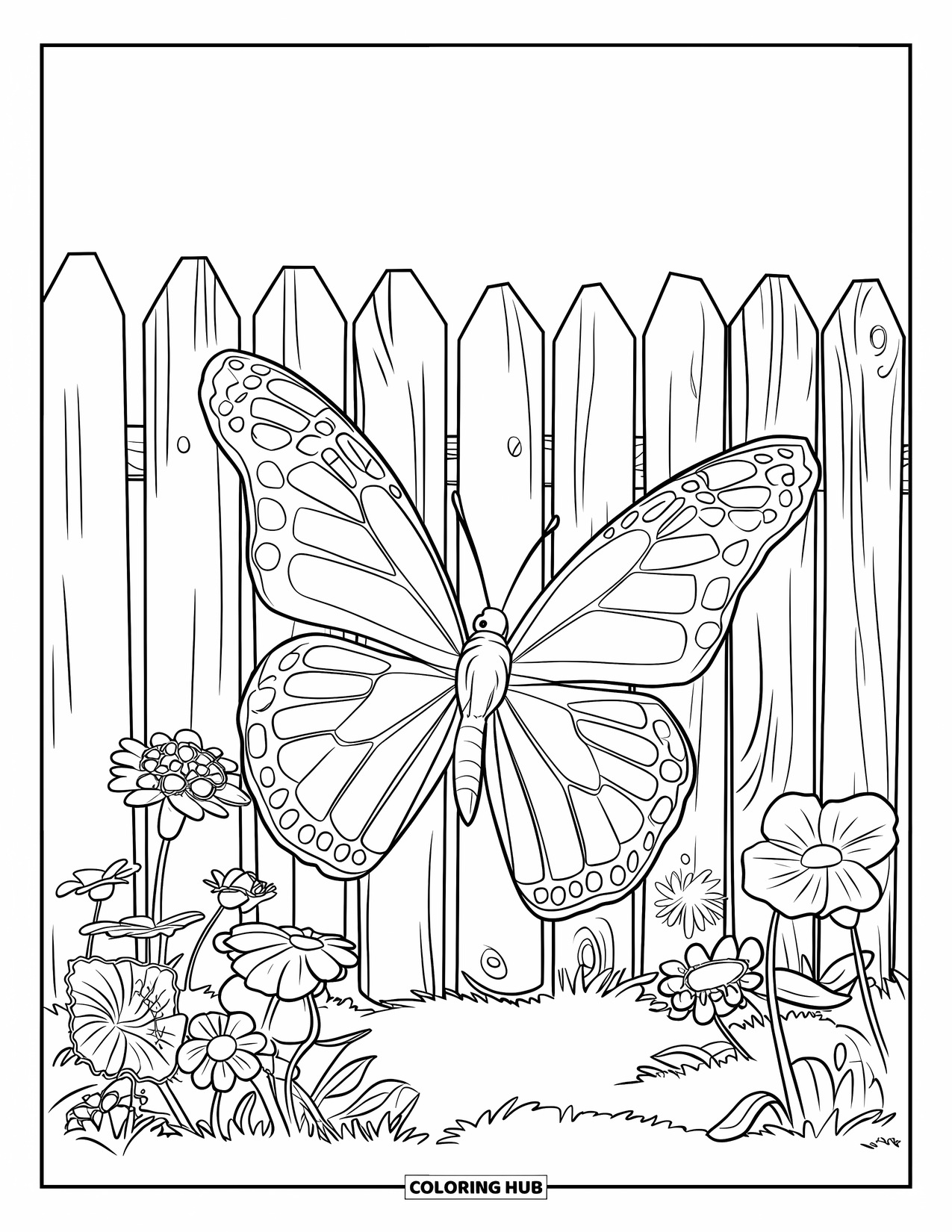 Flower Butterfly Coloring Page for Kids: A butterfly spreads its wings over a blooming garden and weathered wooden fence