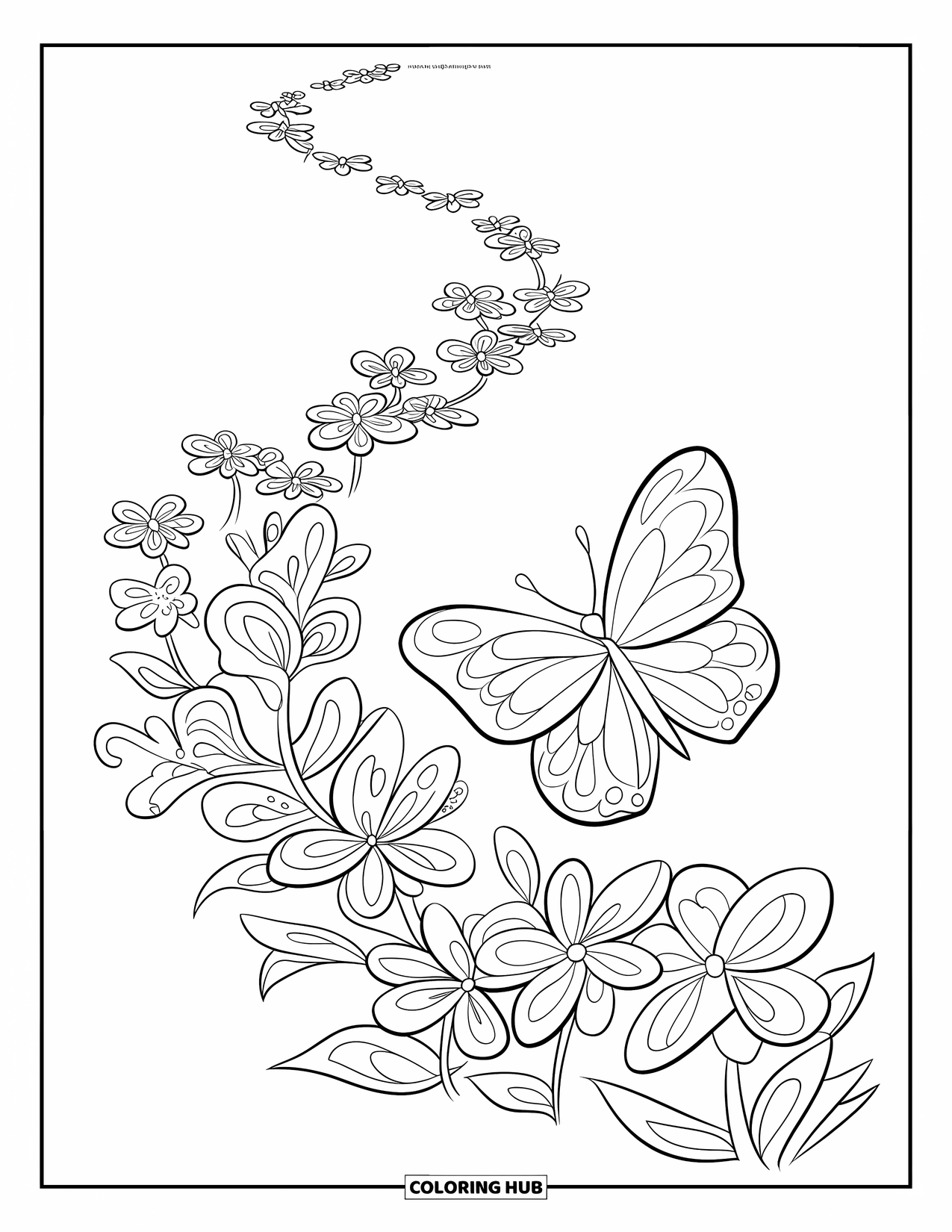 Flower Butterfly Coloring Page for Kids: A butterfly trails through layers of spring flowers in a cheerful blooming patch